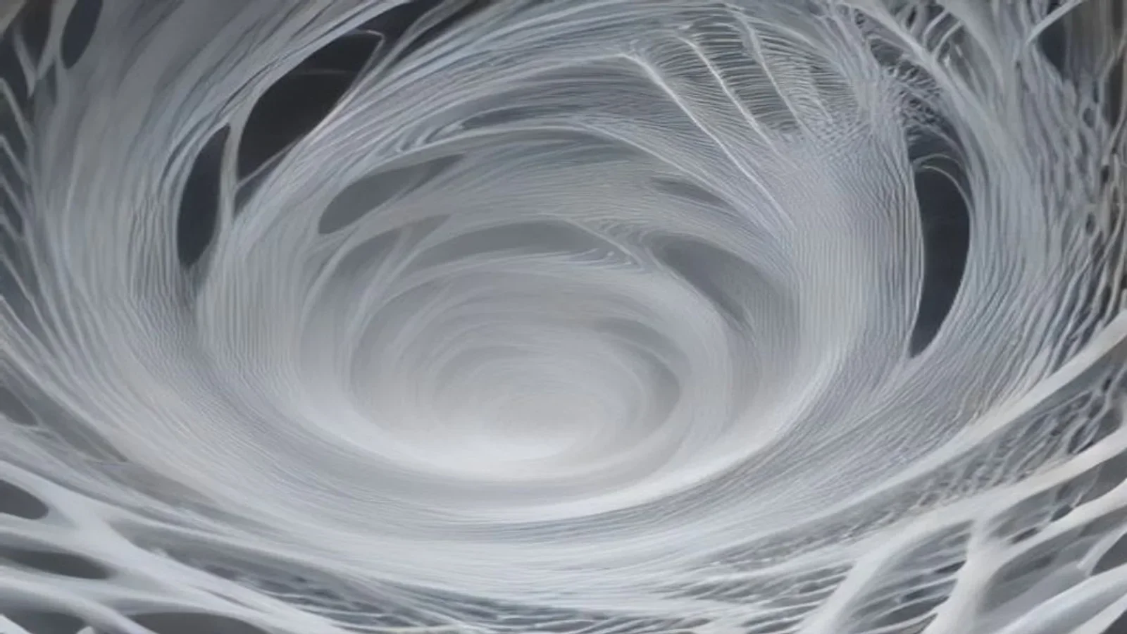 Abstract black and white composition of thin curved lines forming concentric spirals around a glowing center