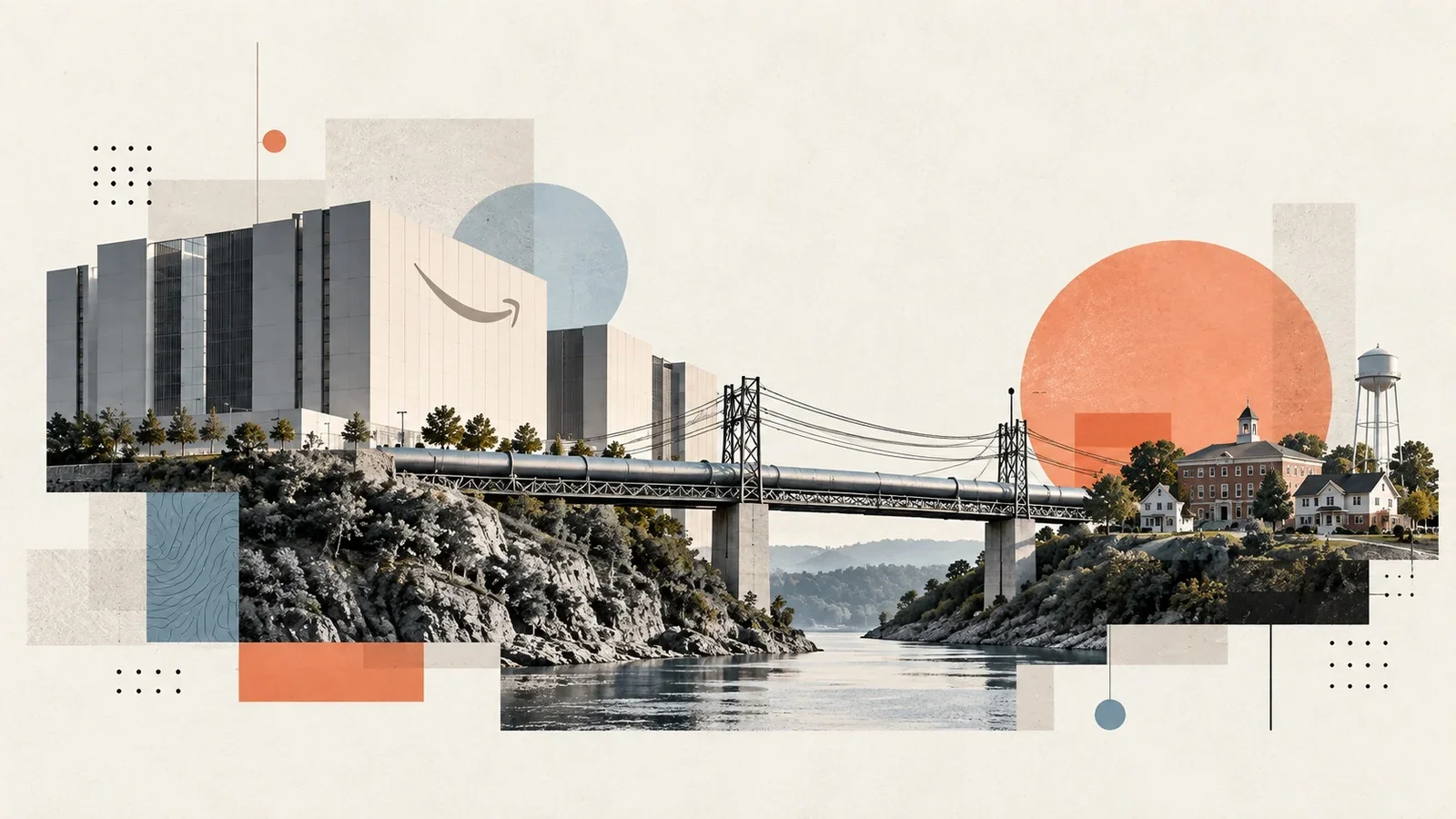 Collage shows Amazon data center connected to infrastructure and local community.