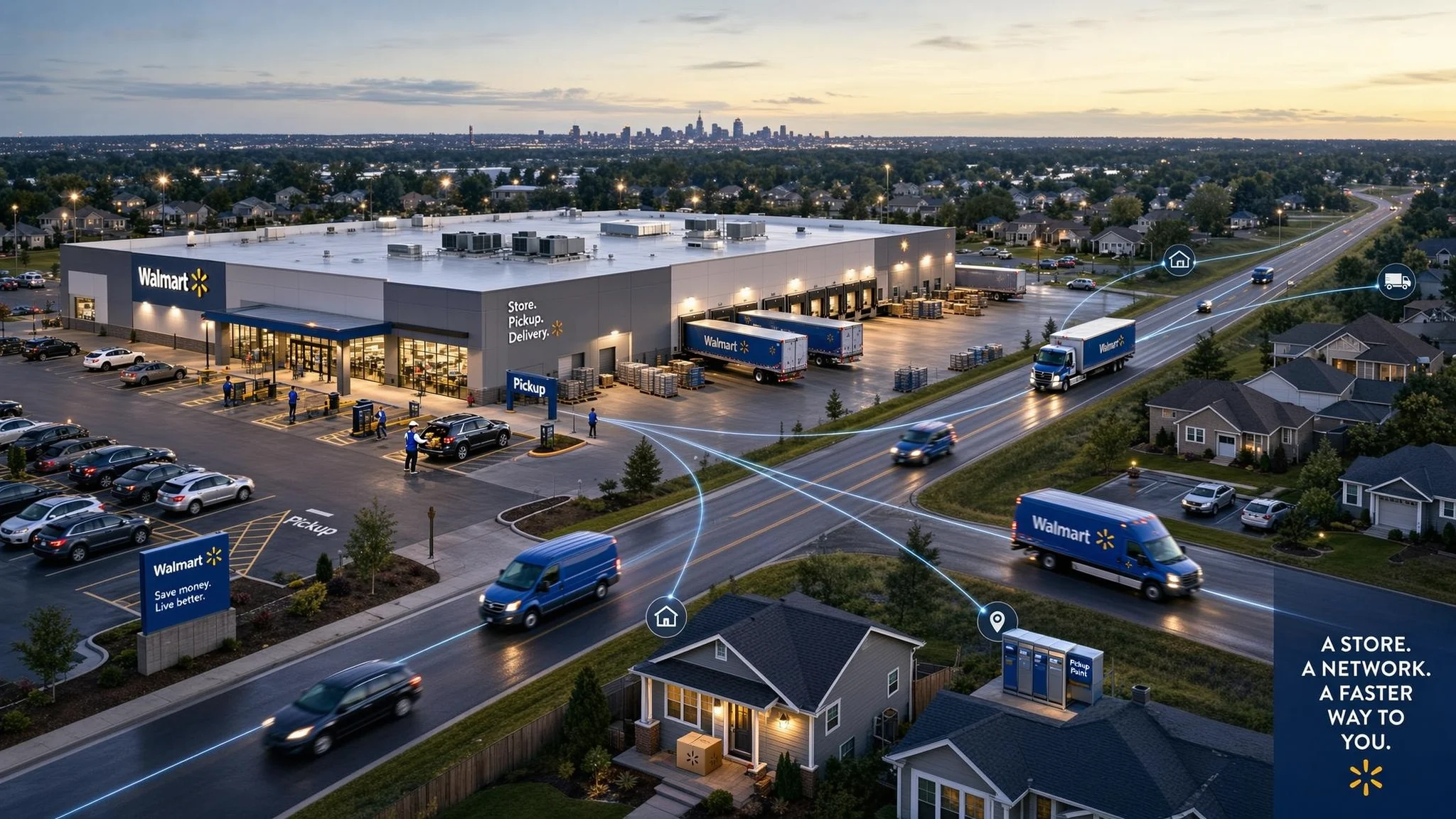 Walmart store with delivery vehicles, pickup area and visual connections between the store and nearby residences.