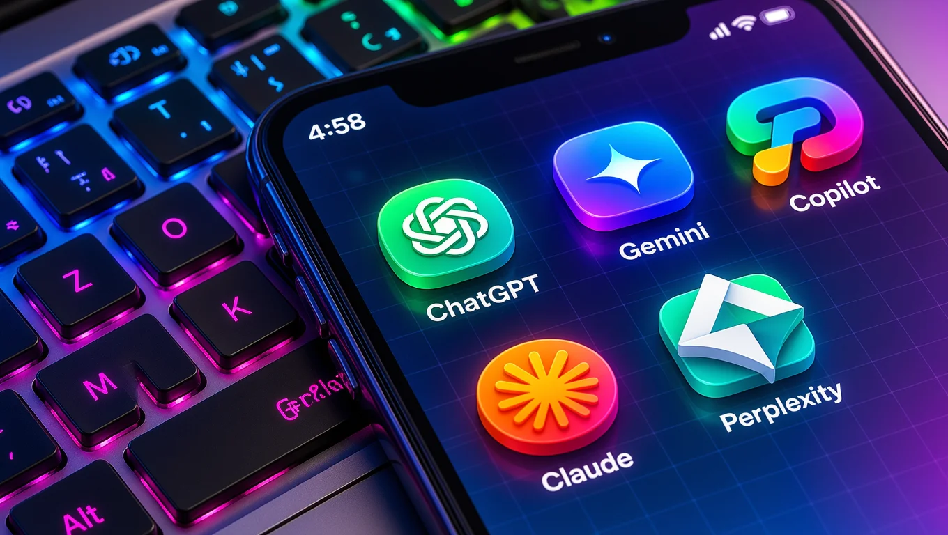 Smartphone on an illuminated keyboard displaying AI assistant icons such as ChatGPT, Gemini, Copilot, Claude, and Perplexity.