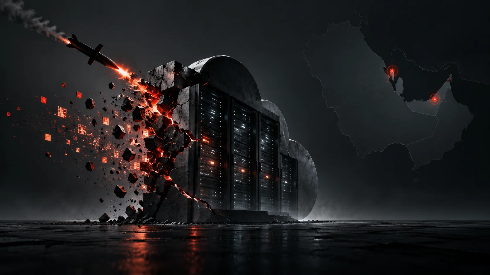 Conceptual illustration of a cloud with servers being hit and fragmenting, with a map of the Middle East in the background.