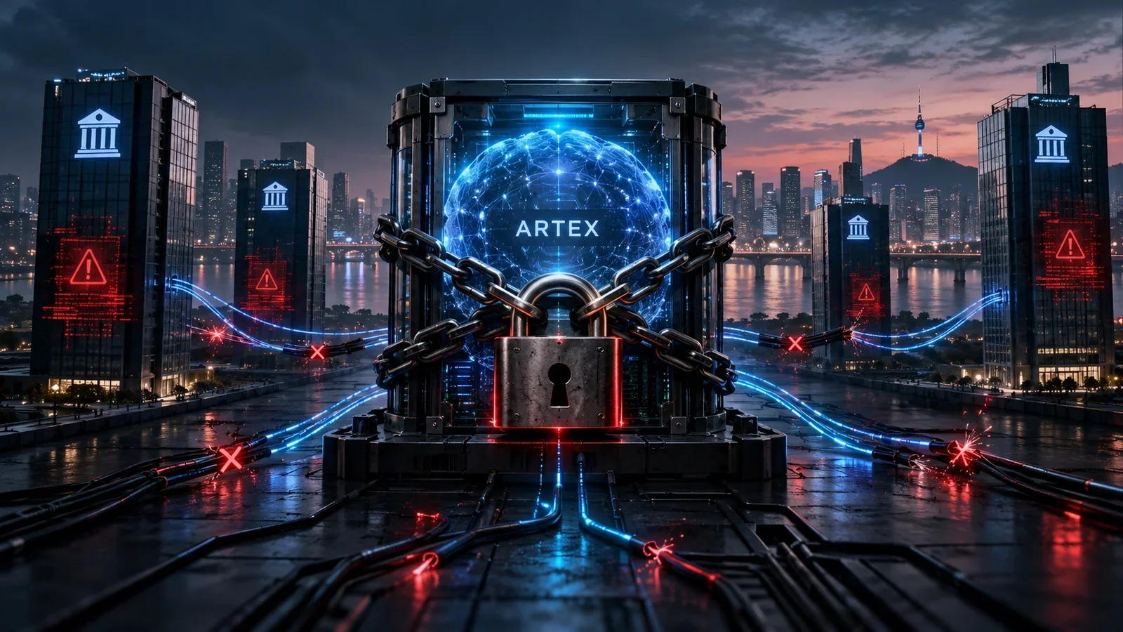 Ilustración del núcleo de IA ARTEX bloqueado por cadenas, con conexiones interrumpidas a bancos de Seúl.
