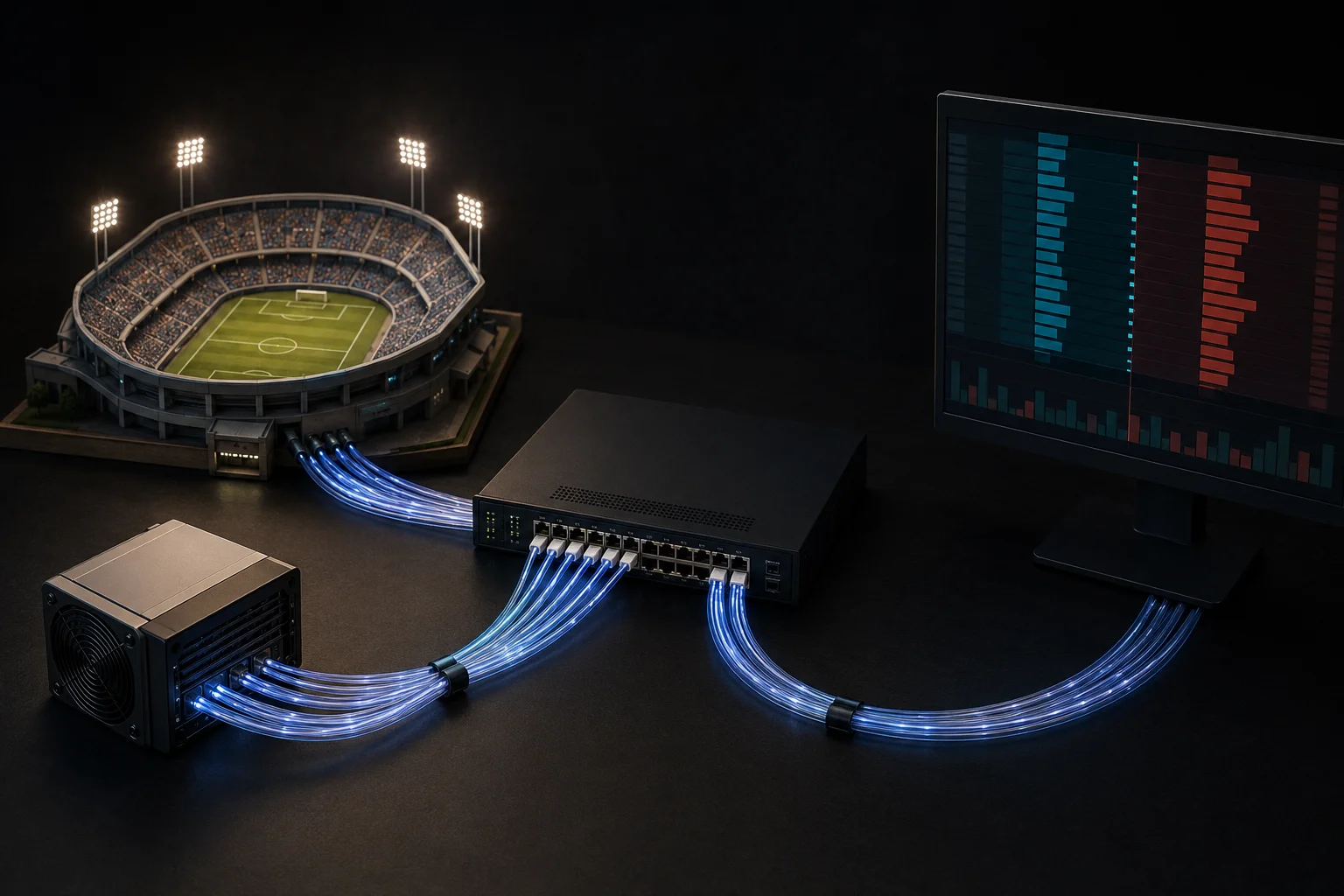 Miniature stadium and crypto-related hardware connected by fiber cables to network equipment and a screen with a visual order book structure.