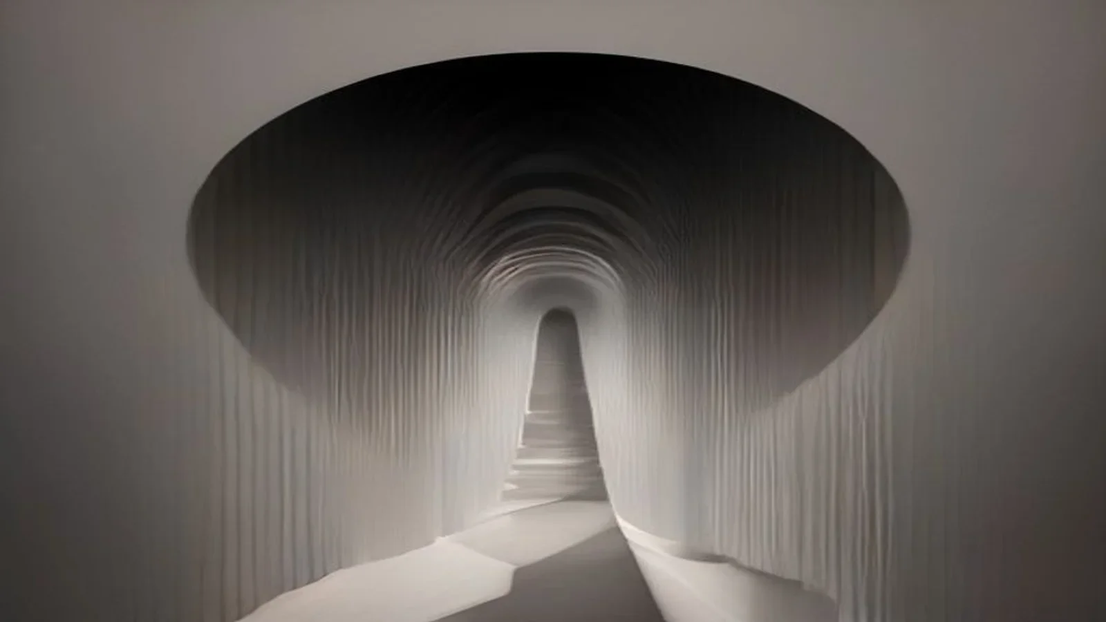 Arcos concéntricos geométricos formando un túnel de luz en blanco y negro con gradiente suave