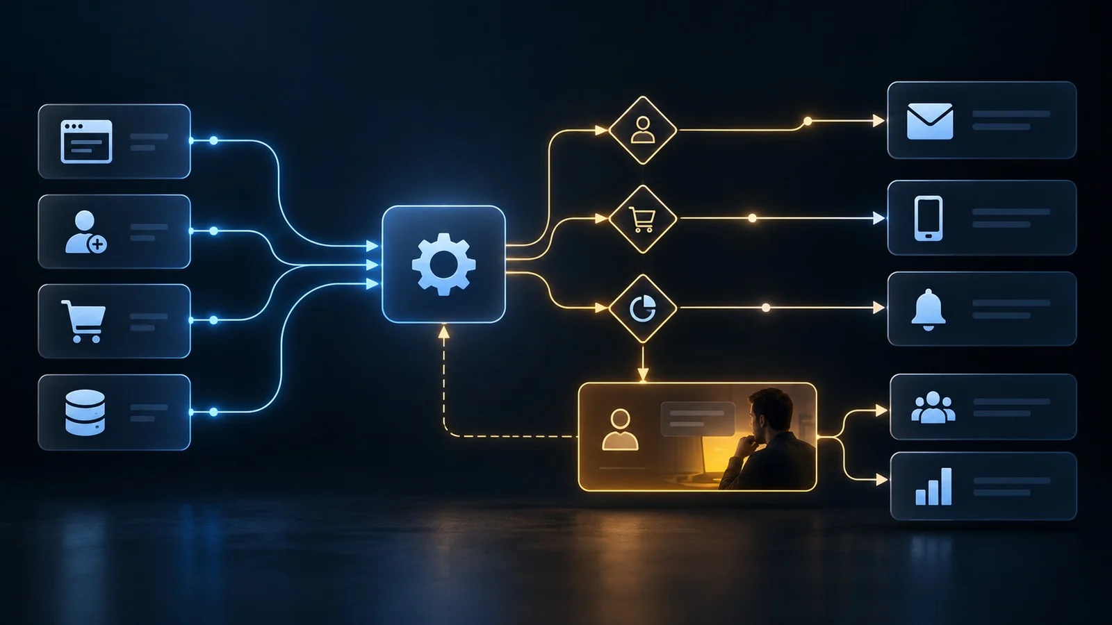 Customer events entering an automation engine and branching through decisions, human review and messaging channels.
