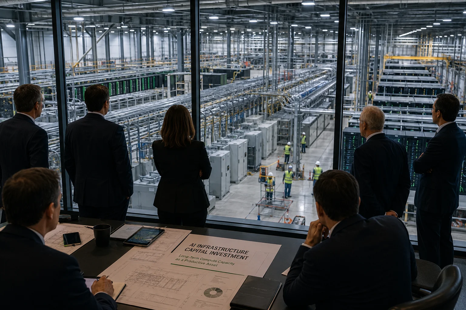 Executives watch through a glass wall the construction of a large AI data center with servers and industrial electrical infrastructure.