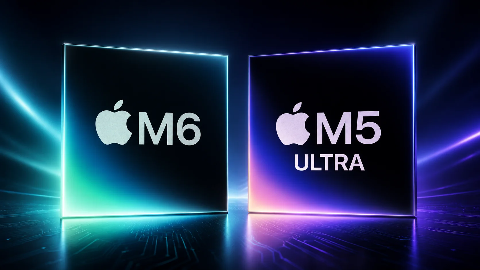 Apple M6 and M5 Ultra chips side by side, illuminated in shades of blue, cyan and purple over a dark tech background.
