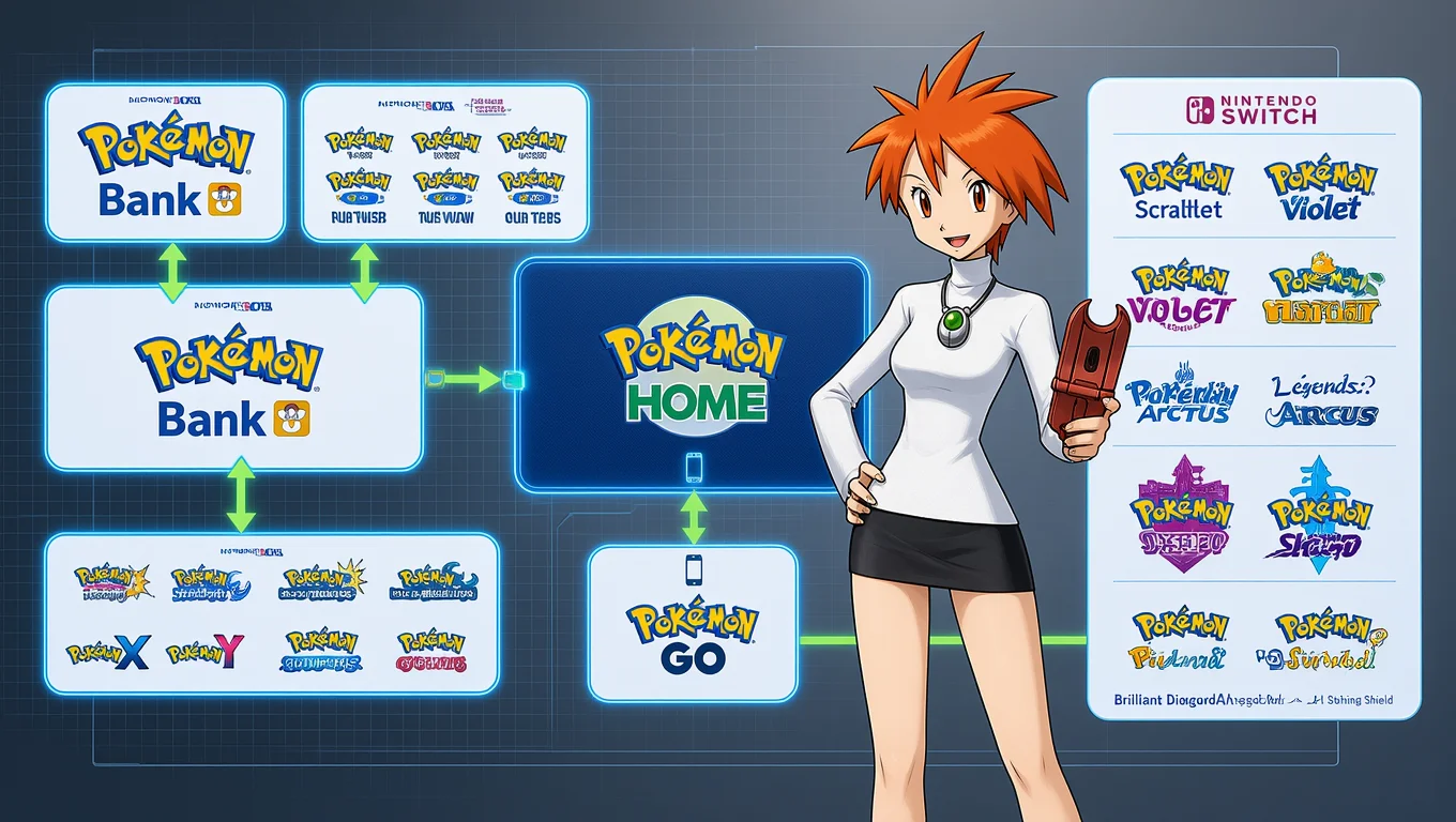 Illustration with Pokémon HOME at the center connected by arrows to Pokémon Bank, Pokémon GO, and franchise games on Nintendo Switch, next to a Pokémon character.