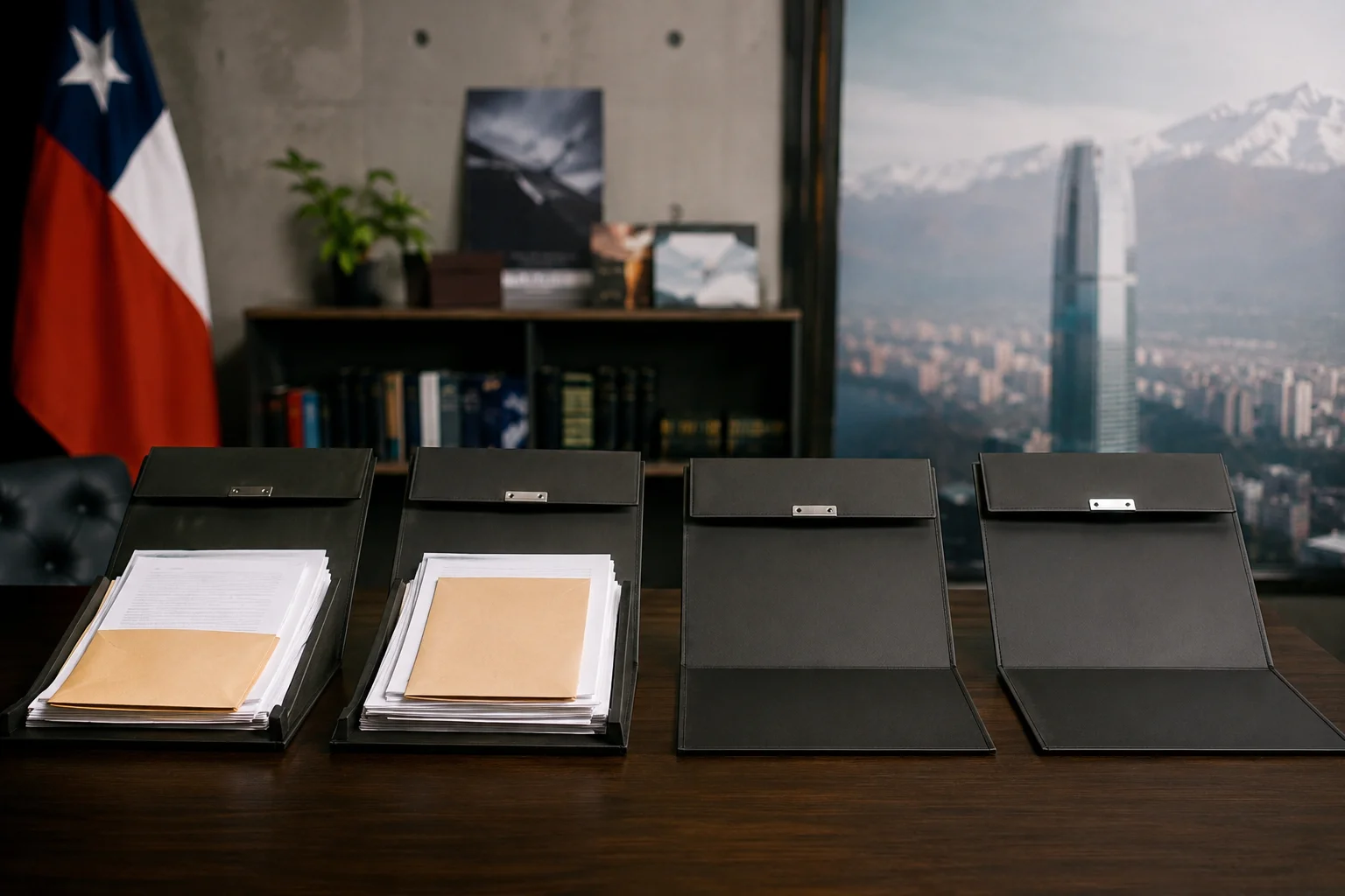 Four open folders on an institutional table, two filled with documents and envelopes and two empty, with a blurred Chilean flag and urban landscape in the background.