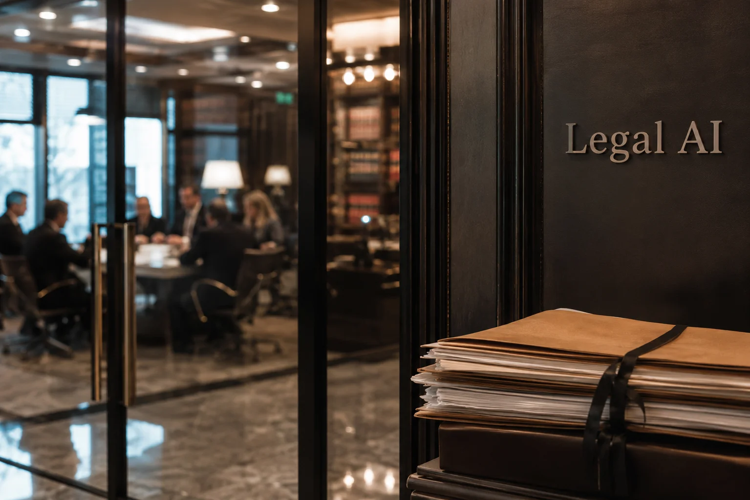 Modern law office with documents in the foreground and a meeting in the background, representing the expansion of artificial intelligence in the legal sector.