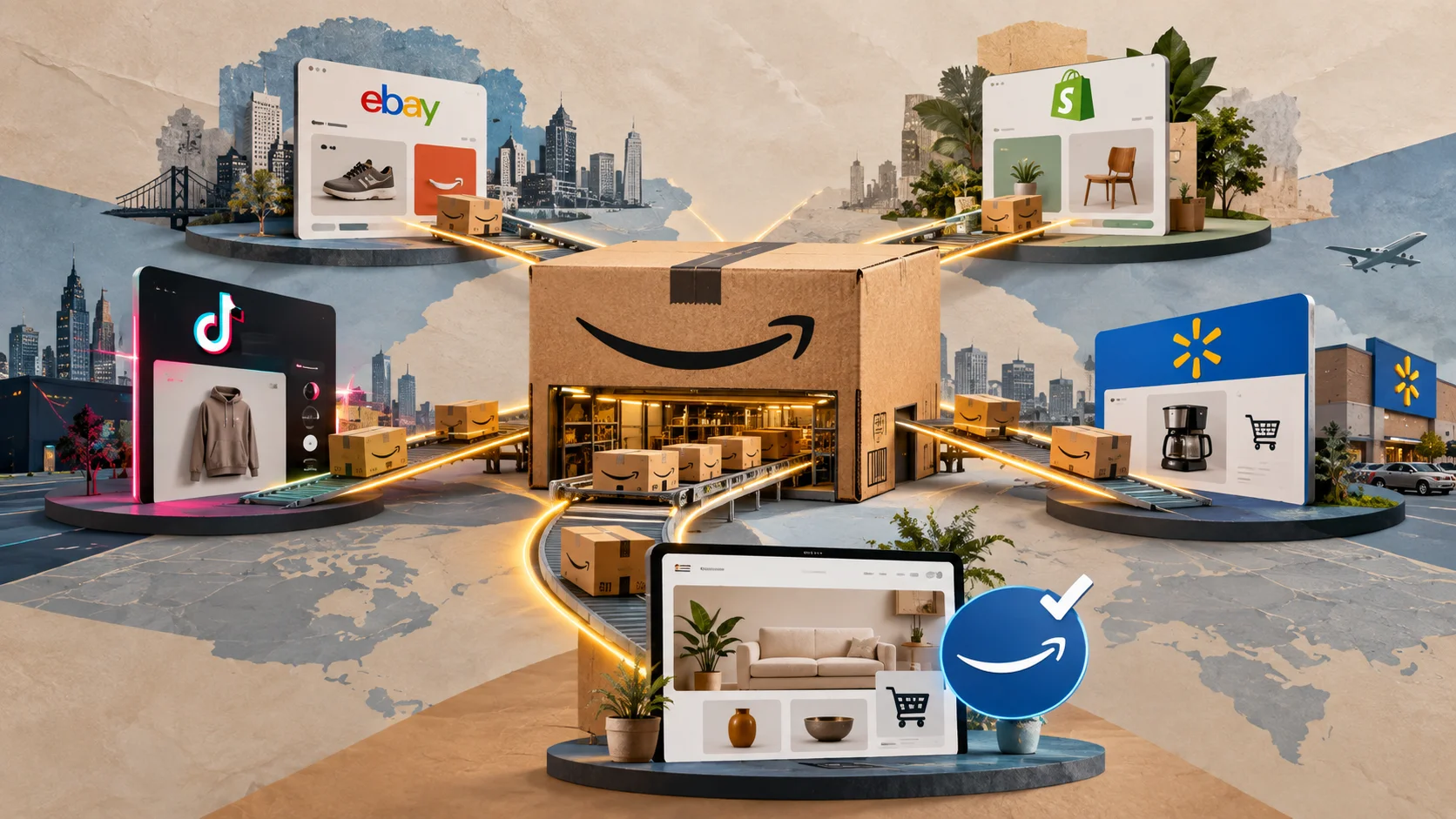 Ilustração conceitual mostra um centro logístico da Amazon conectado a eBay, Shopify, TikTok, Walmart e a sites próprios de lojistas, representando a expansão multicanal do Seller Central e da entrega Prime.