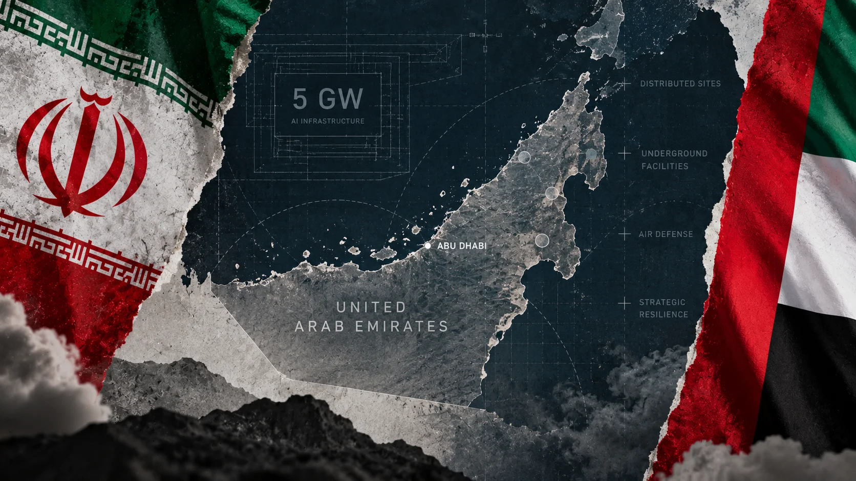 Editorial illustration shows a map of the United Arab Emirates at the center, with the flag of Iran on the left and that of the Emirates on the right, referring to the review of a 5 GW AI infrastructure project after regional tensions.
