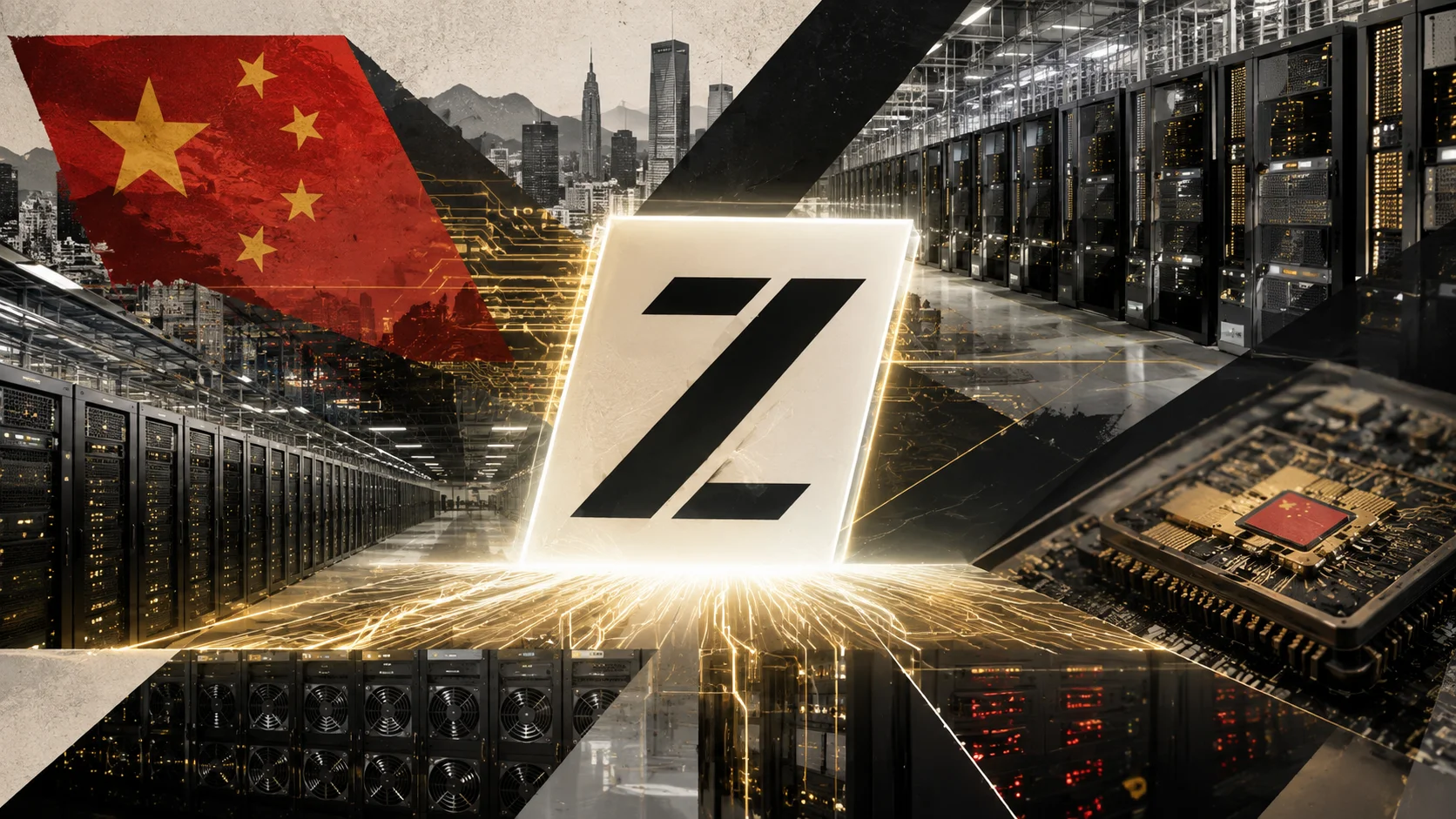 Conceptual collage with the z.ai symbol at the center, surrounded by data centers, circuits and elements of the Chinese flag, representing AI and Chinese chip infrastructure.