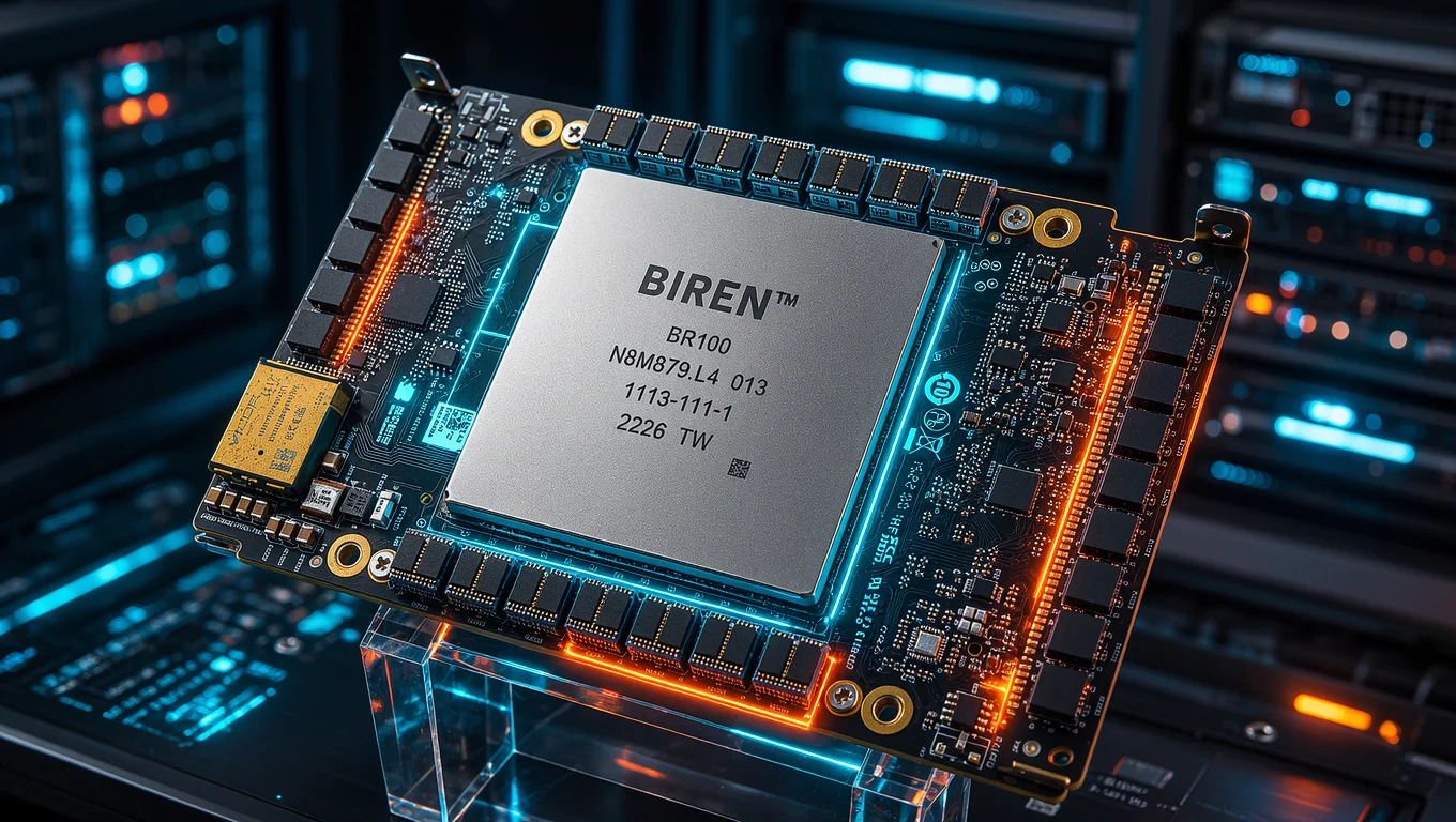Processing board with BIREN BR100 chip in the foreground, surrounded by electronic components and data center servers in the background.