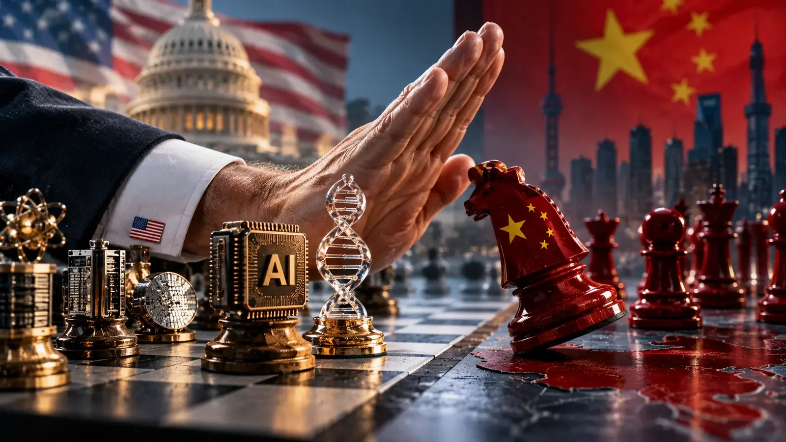 Ilustración de una mano estadounidense bloqueando una pieza china en un tablero de ajedrez tecnológico.
