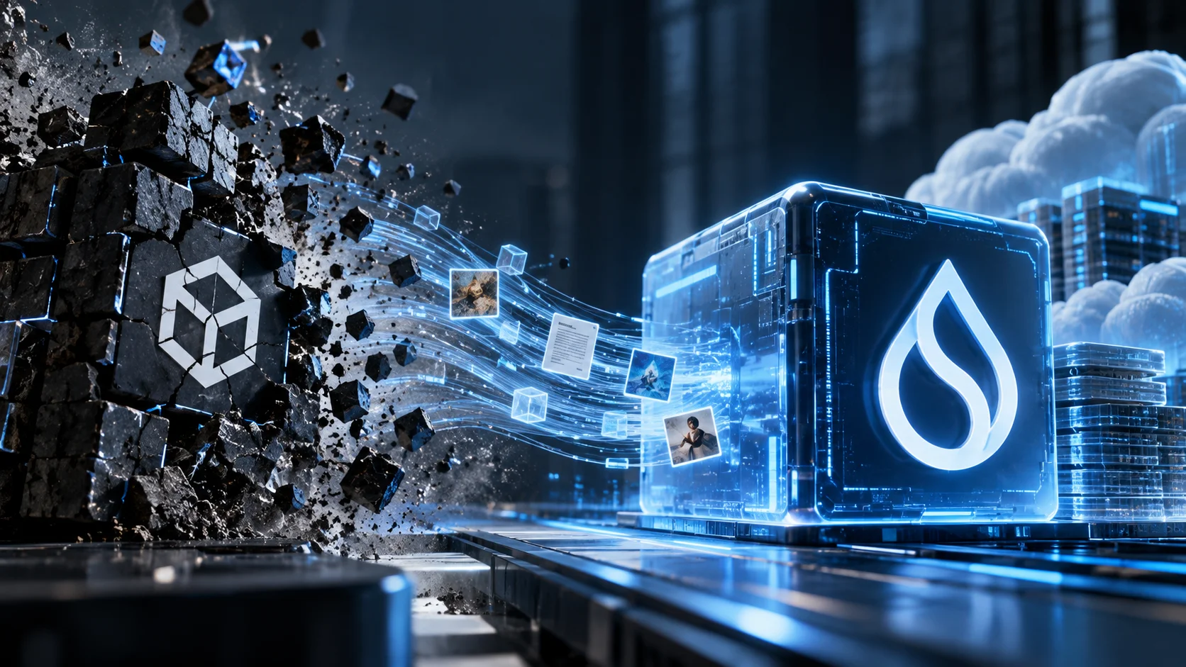Conceptual illustration of a blockchain fragmenting as data is transferred to the Sui network.