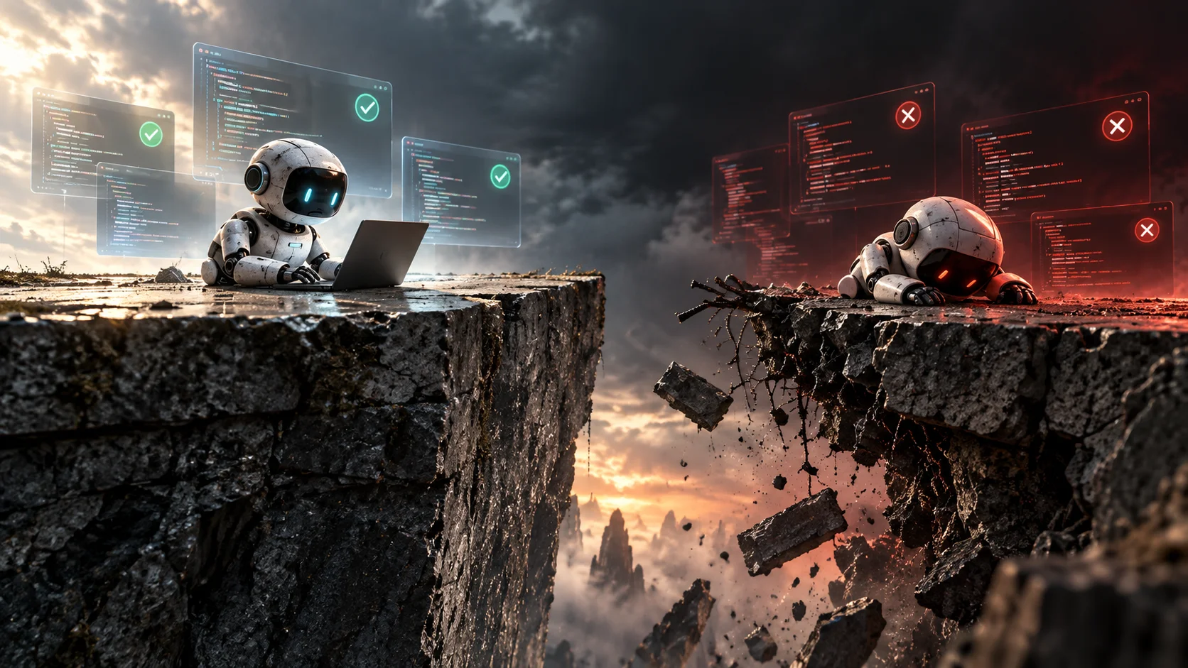 Editorial illustration of two AI robots separated by a collapsing chasm, contrasting successful coding tests with failures in unseen scenarios.