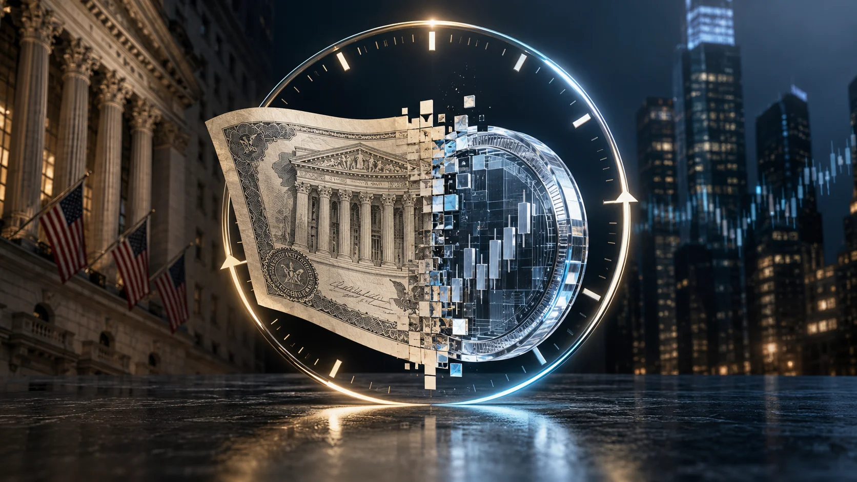 A stock certificate turns into a digital token in front of Wall Street, symbolizing 24/7 trading.