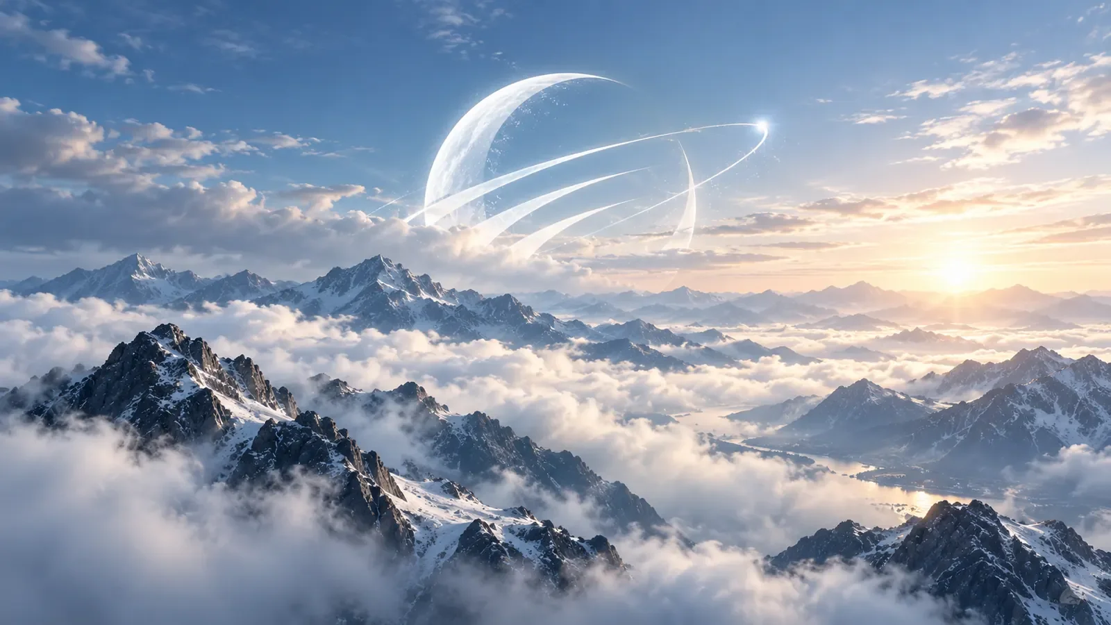 Paisaje de montañas con nubes al amanecer y un símbolo luminoso de Moonshot en el cielo.