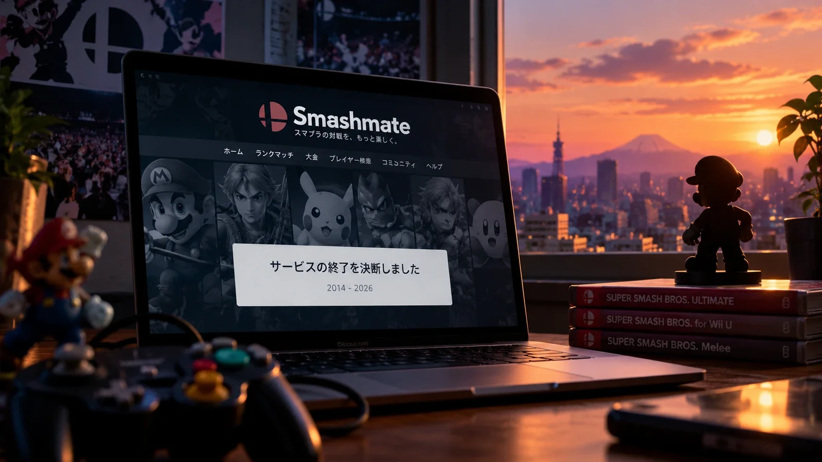 Illustration of a laptop displaying Smashmate's shutdown, surrounded by Super Smash Bros. elements.