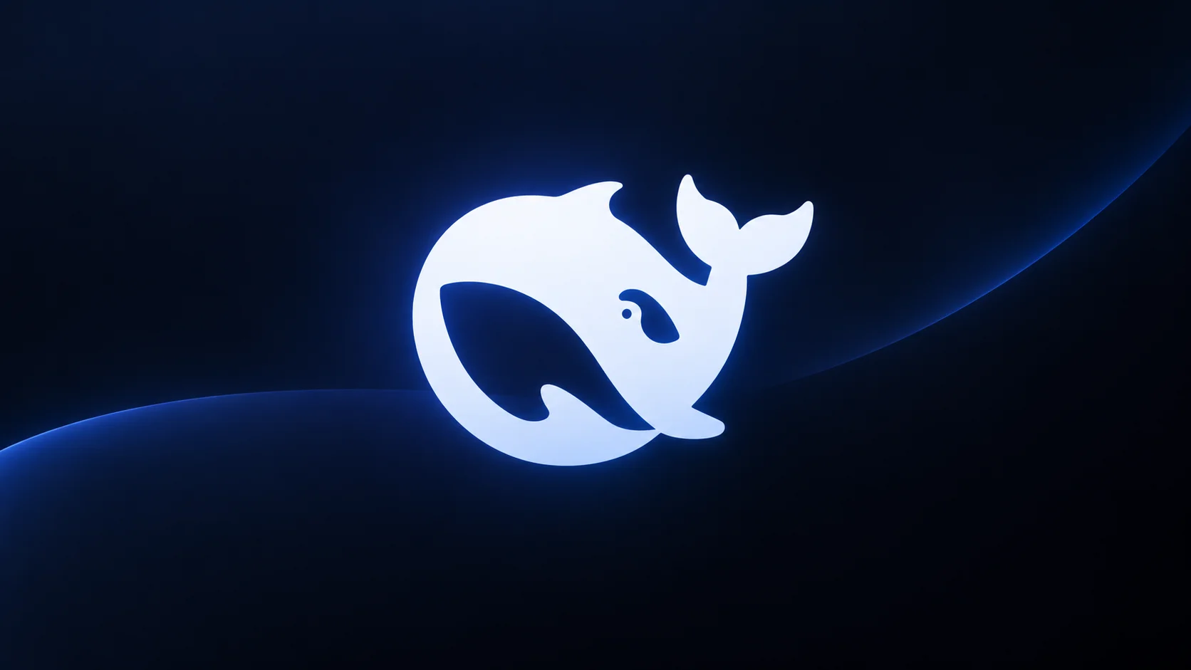 Stylized DeepSeek symbol in white and blue on a dark background, with luminous curved lines in a minimalist composition.