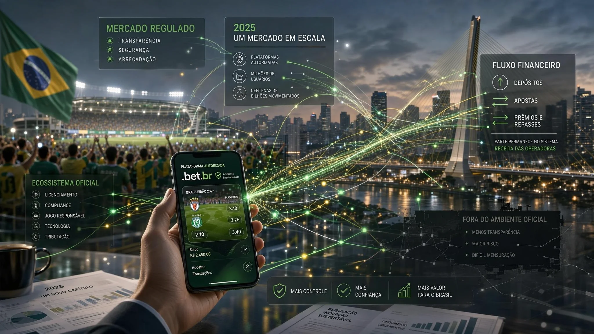Editorial illustration shows a .bet.br betting platform on a cell phone, a soccer stadium and São Paulo in the background, with digital flows representing the financial movement of authorized betting operators in Brazil.
