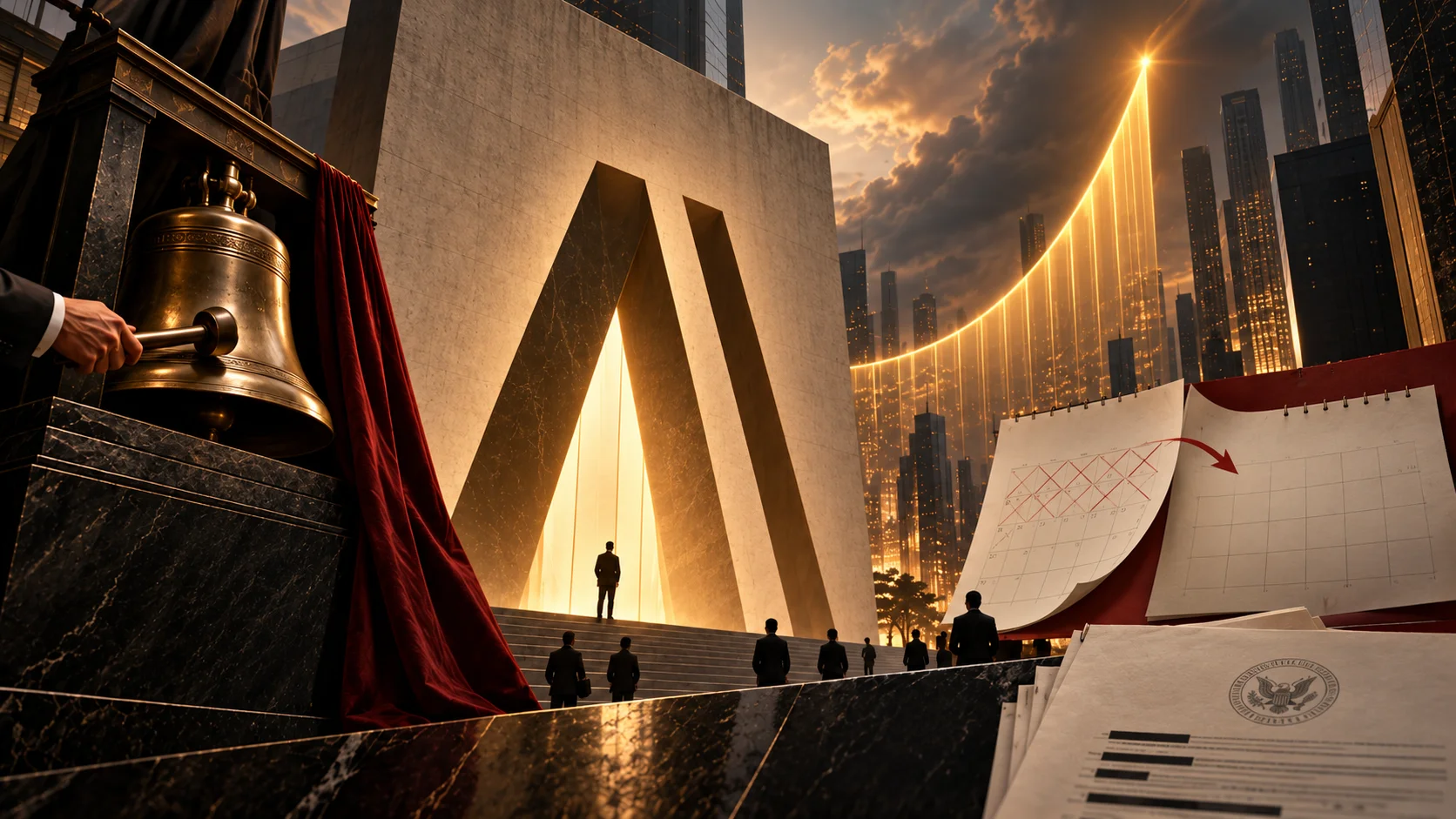 Conceptual illustration of Anthropic's IPO postponement, with a stock exchange bell, a calendar moving forward to October, and a rising valuation chart.