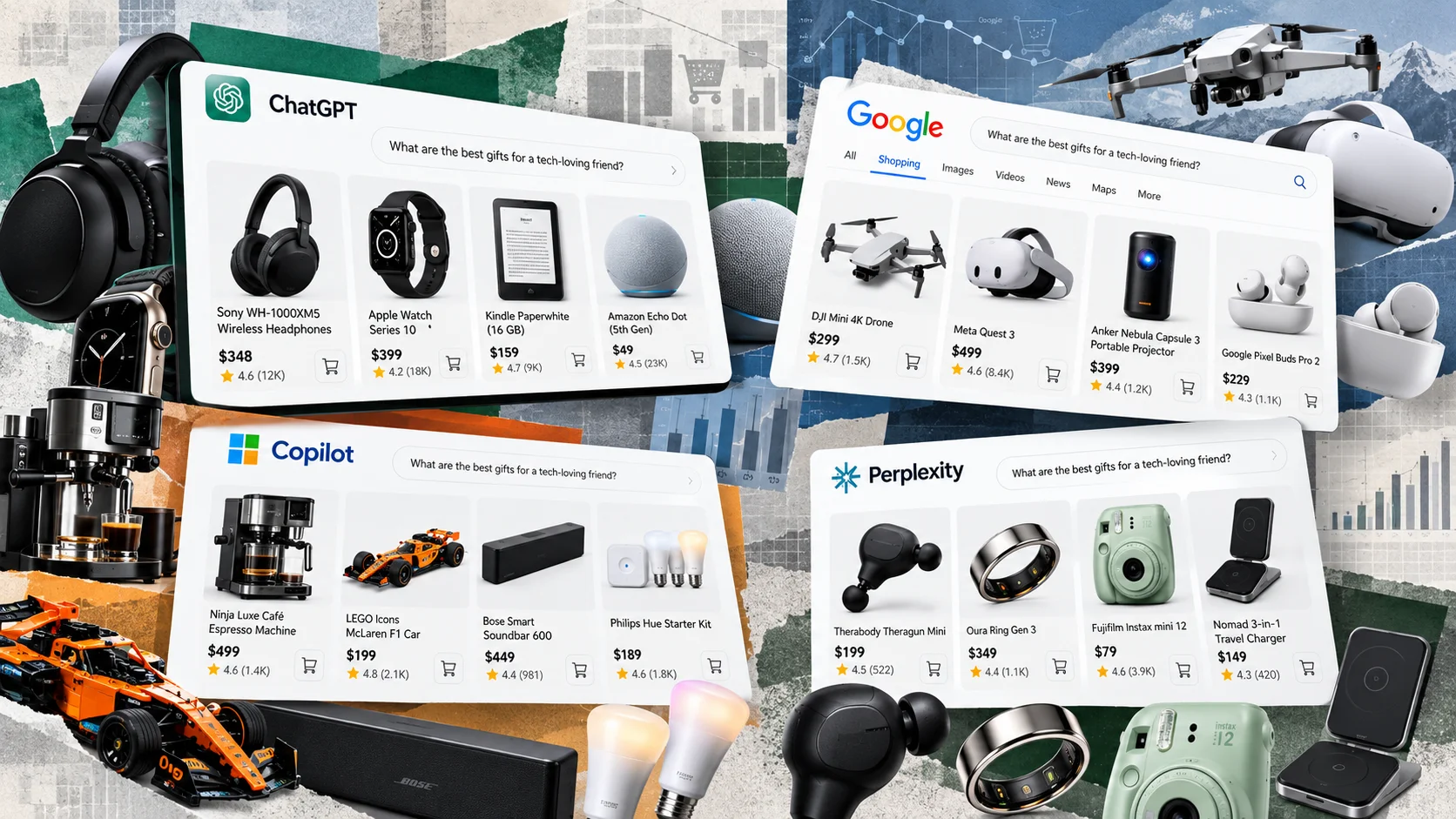 Cuatro asistentes de IA muestran diferentes productos recomendados en un collage editorial.