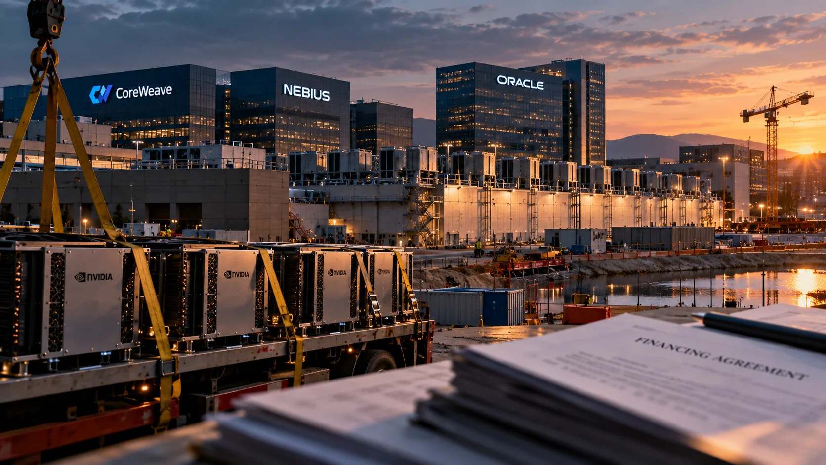 Editorial illustration depicting NVIDIA servers, data center construction, and CoreWeave, Nebius, and Oracle branding alongside financing documents.