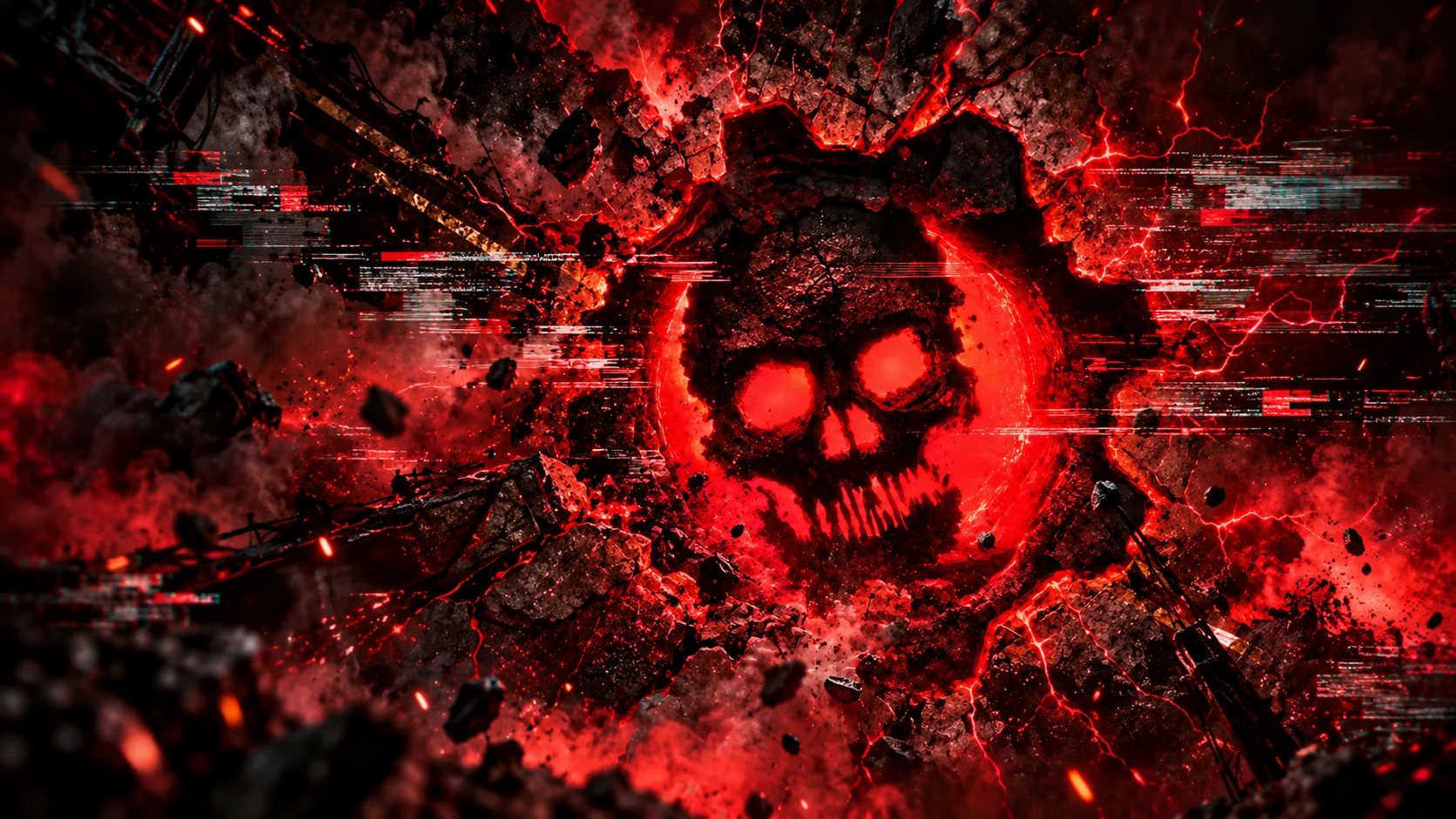 Gears of War: E-Day emblem with a red skull, cracks, and digital interference effects.