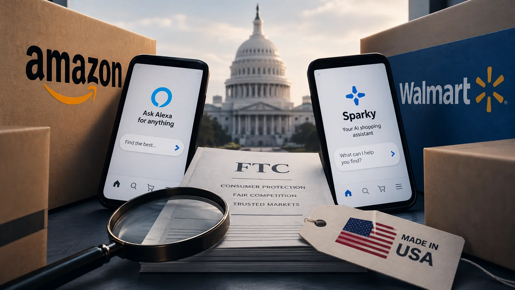 Editorial illustration with Amazon and Walmart, AI shopping assistants, FTC documents, magnifying glass and “Made in USA” label in front of the U.S. Capitol.