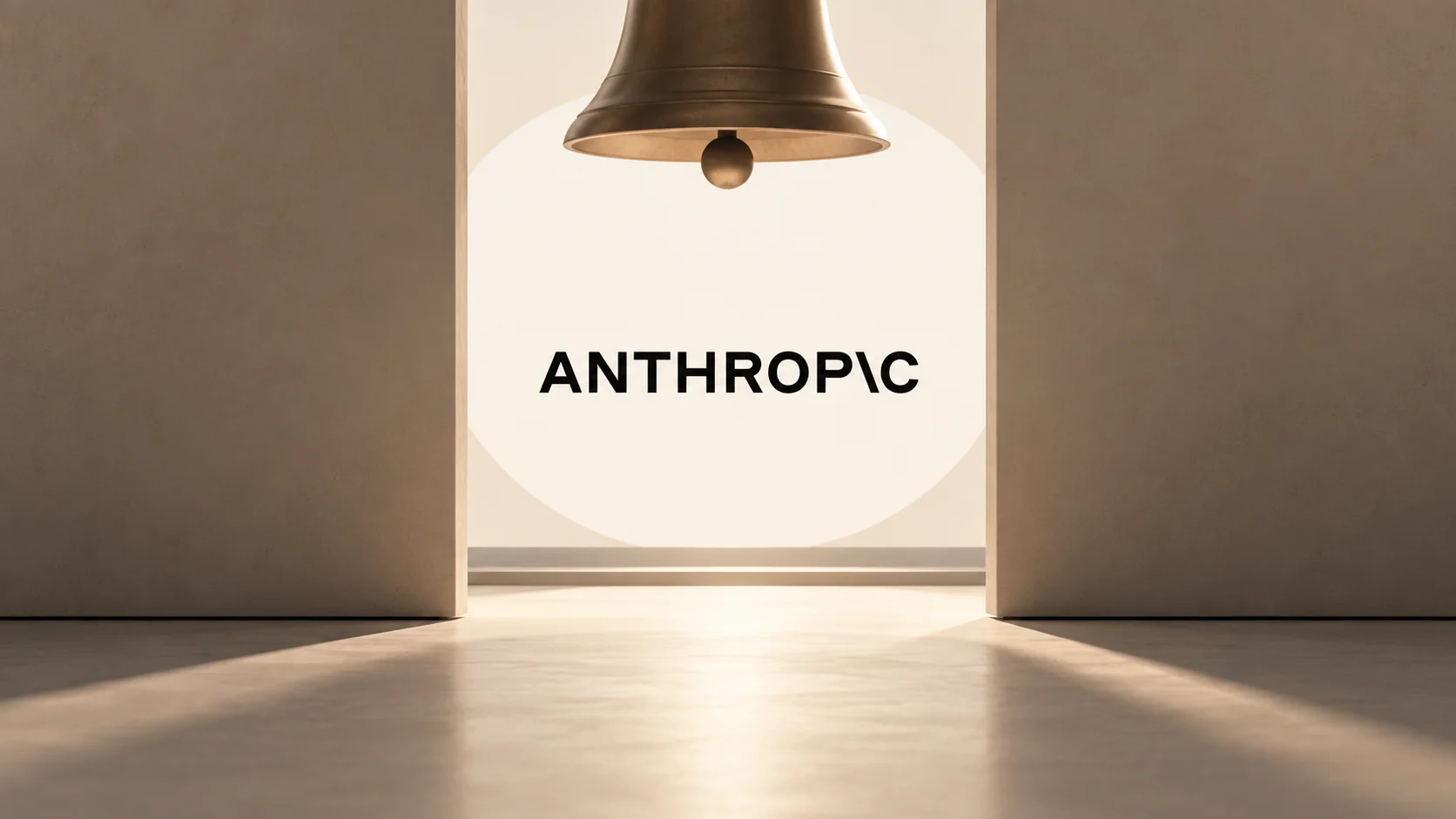 Bronze stock exchange bell in front of the Anthropic symbol in a conceptual composition about a potential Nasdaq IPO.