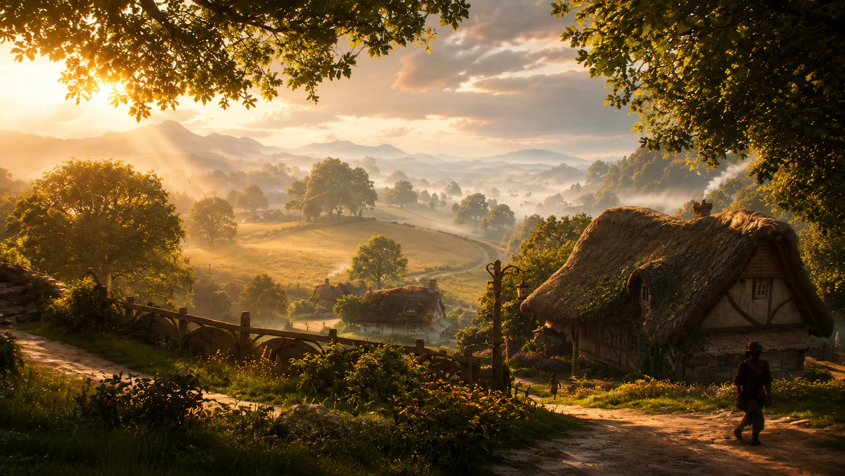 Fable landscape with a village of thatched houses, a country road, fields and mountains in the background under golden light.