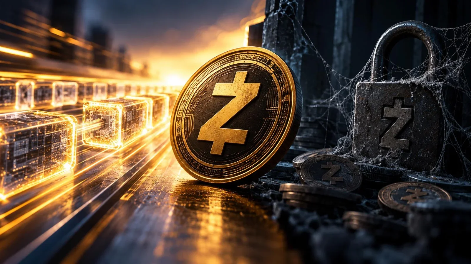 Una moneda Zcash entre bloques digitales en movimiento y un candado envejecido, que simbolizan velocidad y restricción de acceso.