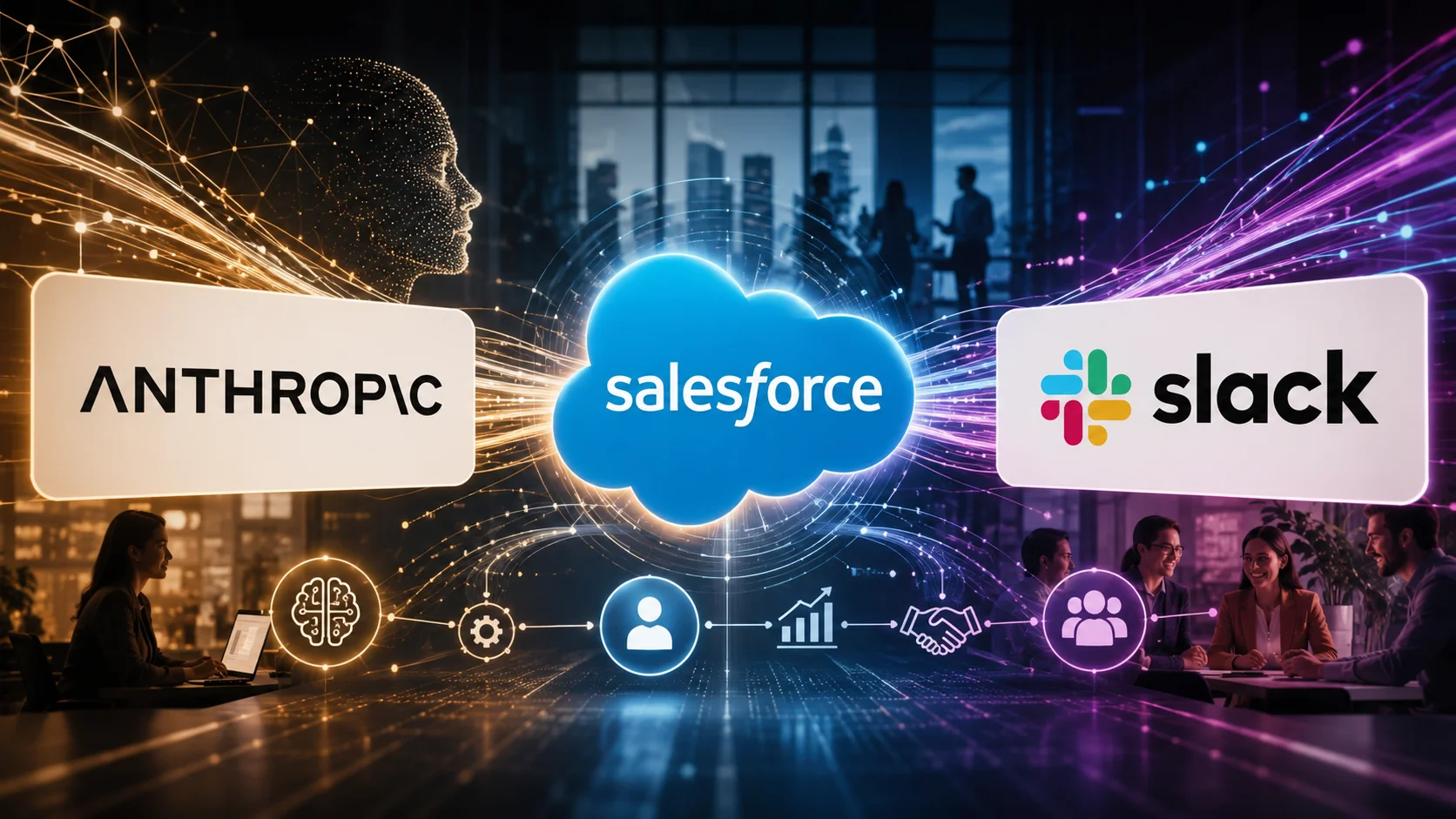 Conceptual illustration shows the symbols of Anthropic, Salesforce, and Slack interconnected by light flows and digital elements, in a futuristic corporate environment.
