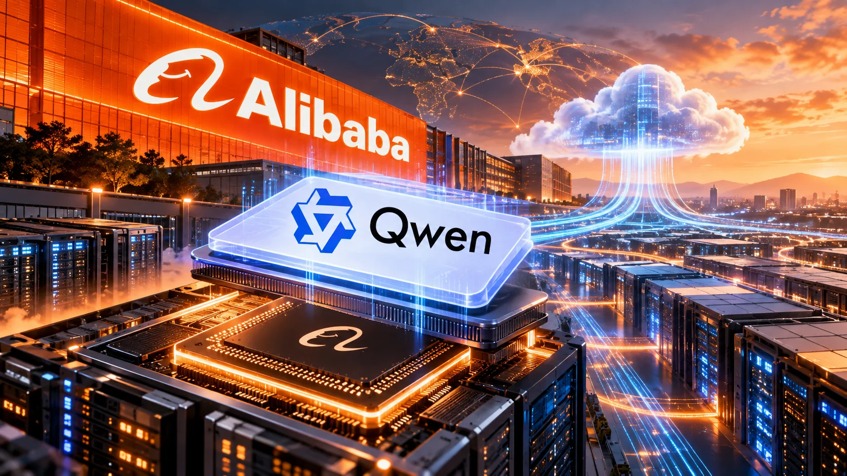 Ilustración muestra un chip con la marca Qwen sobre infraestructura de servidores, con el logotipo de Alibaba al fondo y elementos visuales que remiten a la nube, centros de datos y red global de IA.