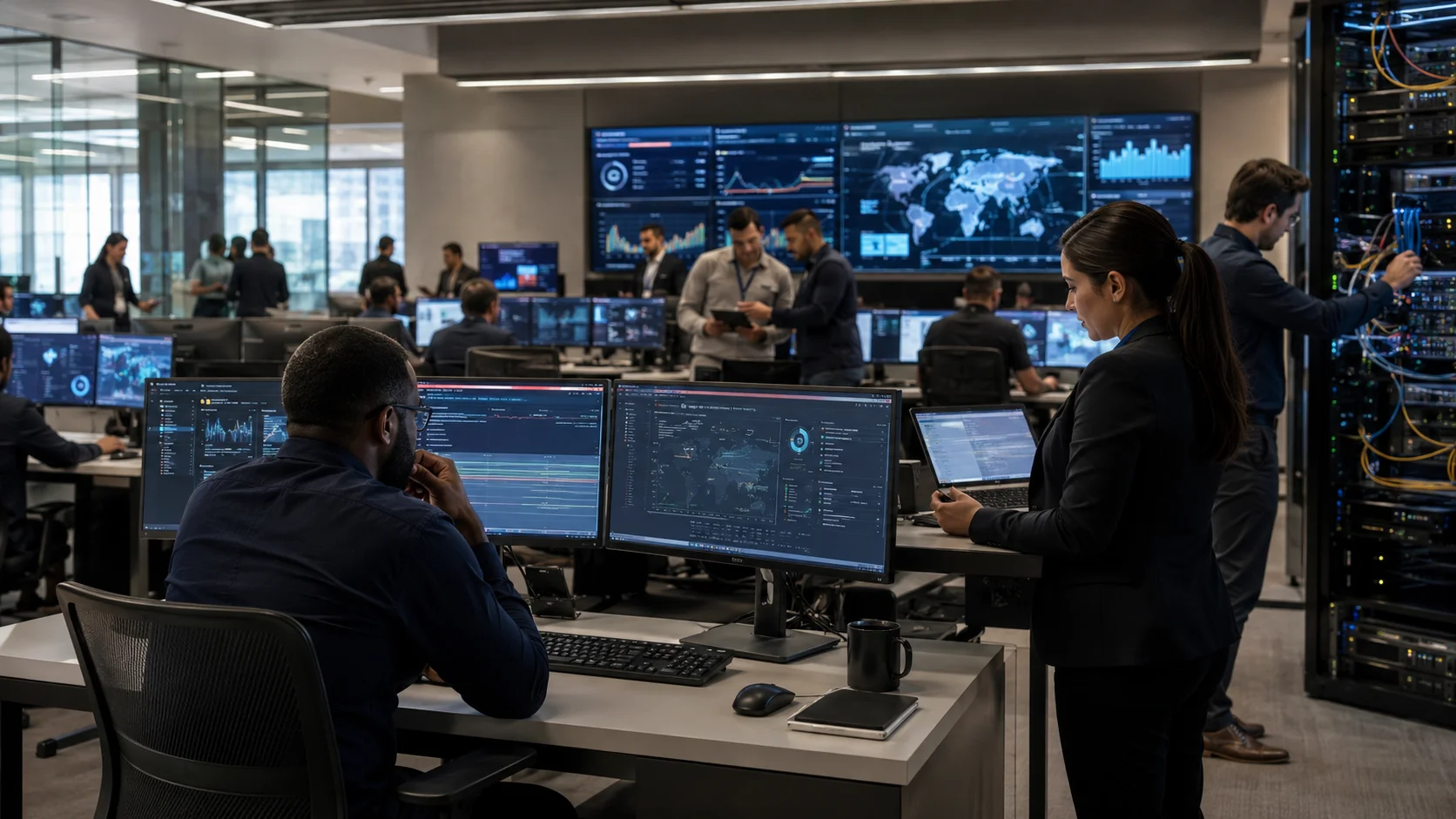 Analysts work in a modern corporate cybersecurity center, surrounded by monitors, monitoring dashboards, and new infrastructure equipment.