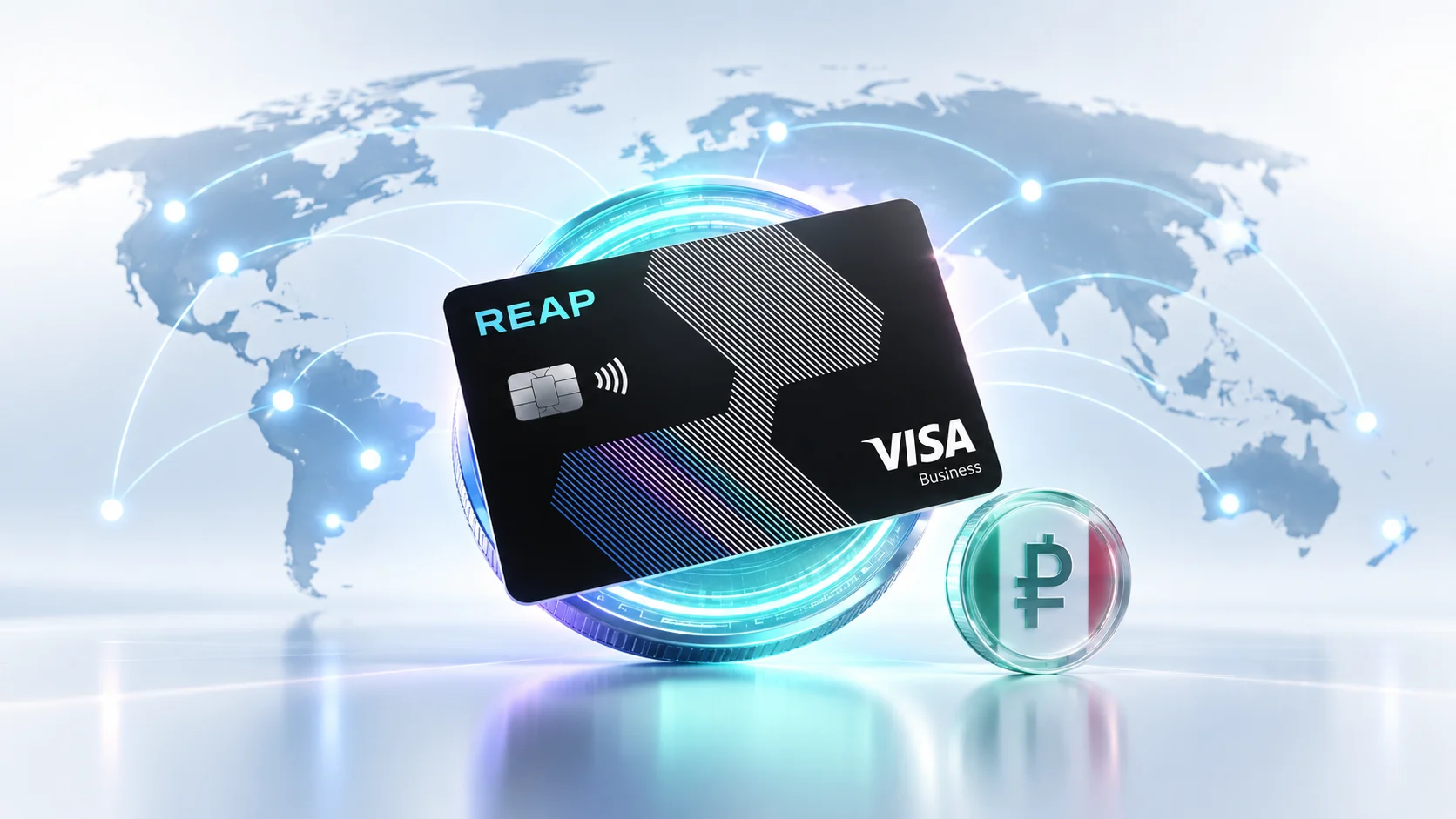 Ilustração editorial mostra um cartão co-branded de Visa e Reap diante de um mapa global conectado, ao lado de uma moeda digital que remete ao peso mexicano.