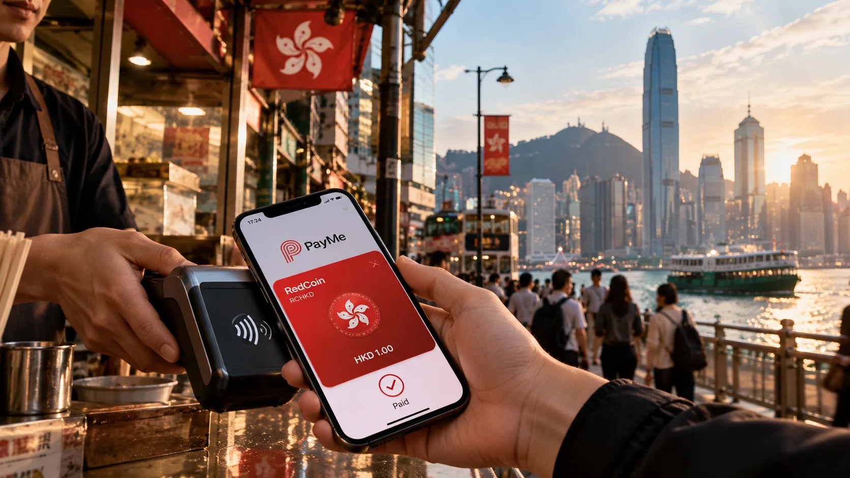 Pagamento por aproximação com smartphone exibindo a RedCoin no PayMe, em Hong Kong.