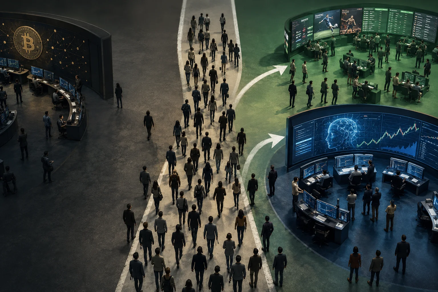 Top-down illustration shows three connected financial environments: on the left, a crypto-related area with less activity; in the center, a flow of people divides; on the right, two busier areas associated with prediction markets and sports betting and with trading of AI-related stocks.