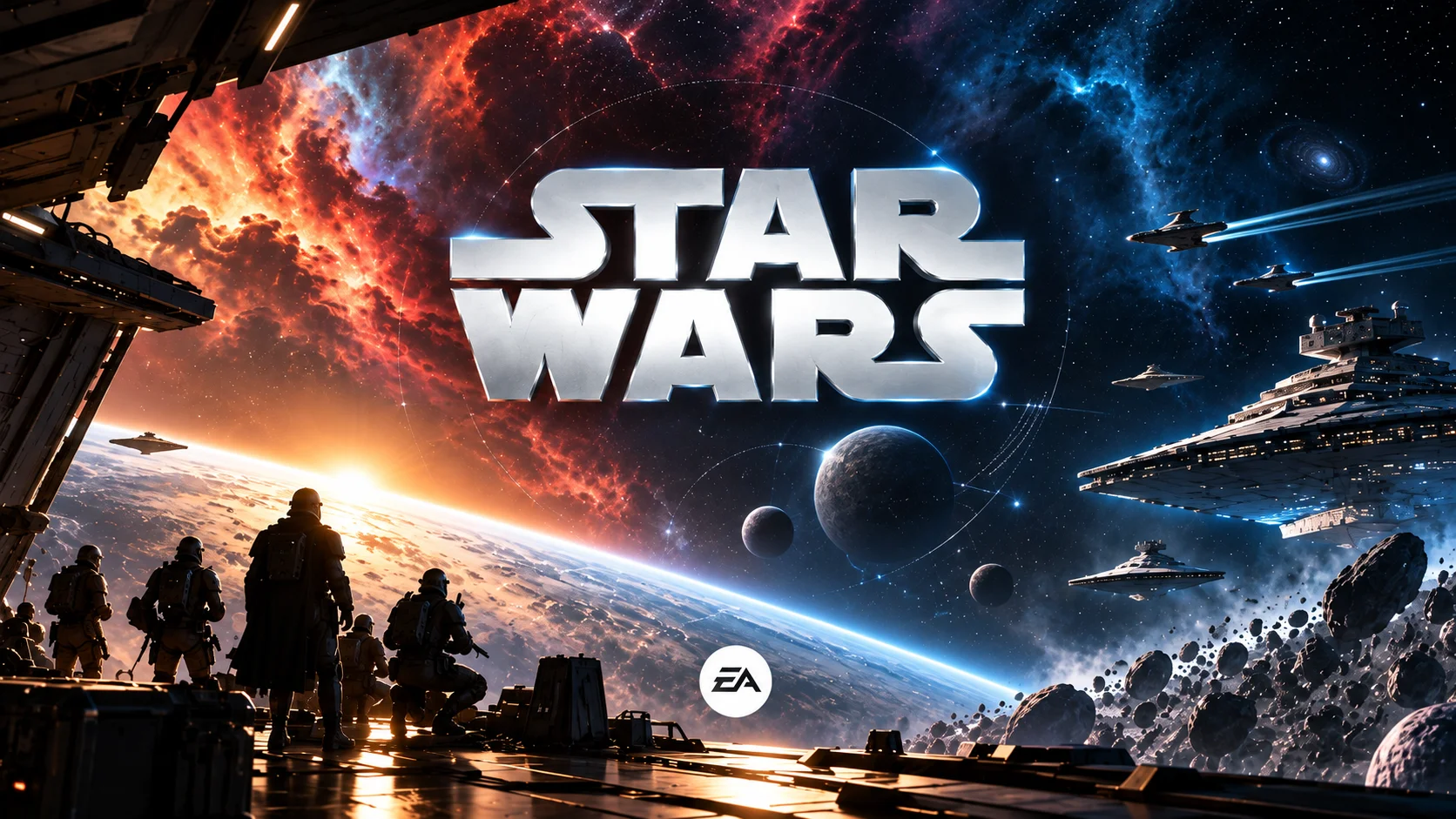 Star Wars art with spaceships, soldiers, a galactic setting and Star Wars and EA logos.