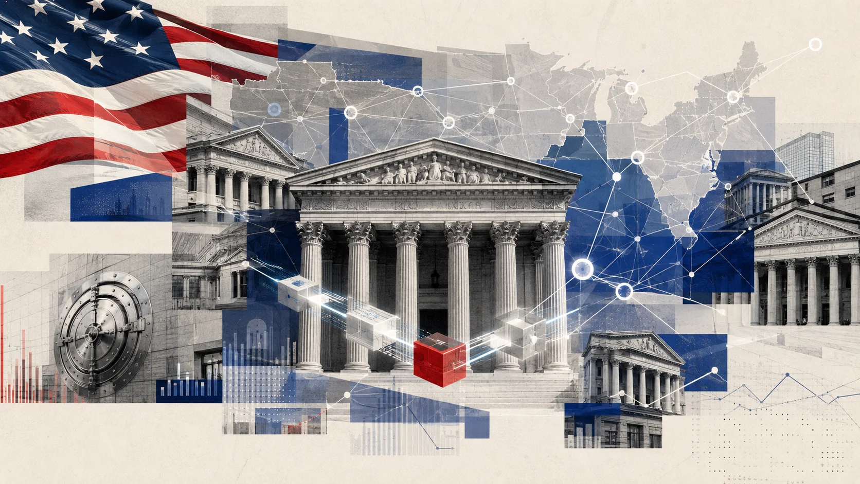 Editorial collage in Reuters style shows classic bank buildings, a vault, a map of the United States, and overlapping network connections, with the American flag highlighted, symbolizing a national blockchain infrastructure for U.S. banks.