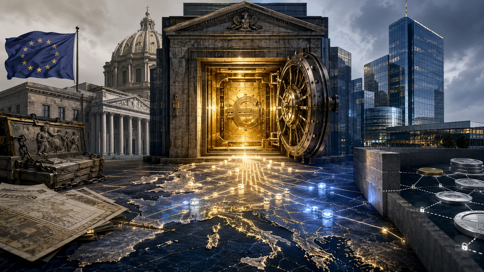 Conceptual illustration shows a large vault with the euro symbol open at its center, radiating digital trails over a map of Europe, surrounded by financial buildings and elements reminiscent of tokenization and blockchain infrastructure.