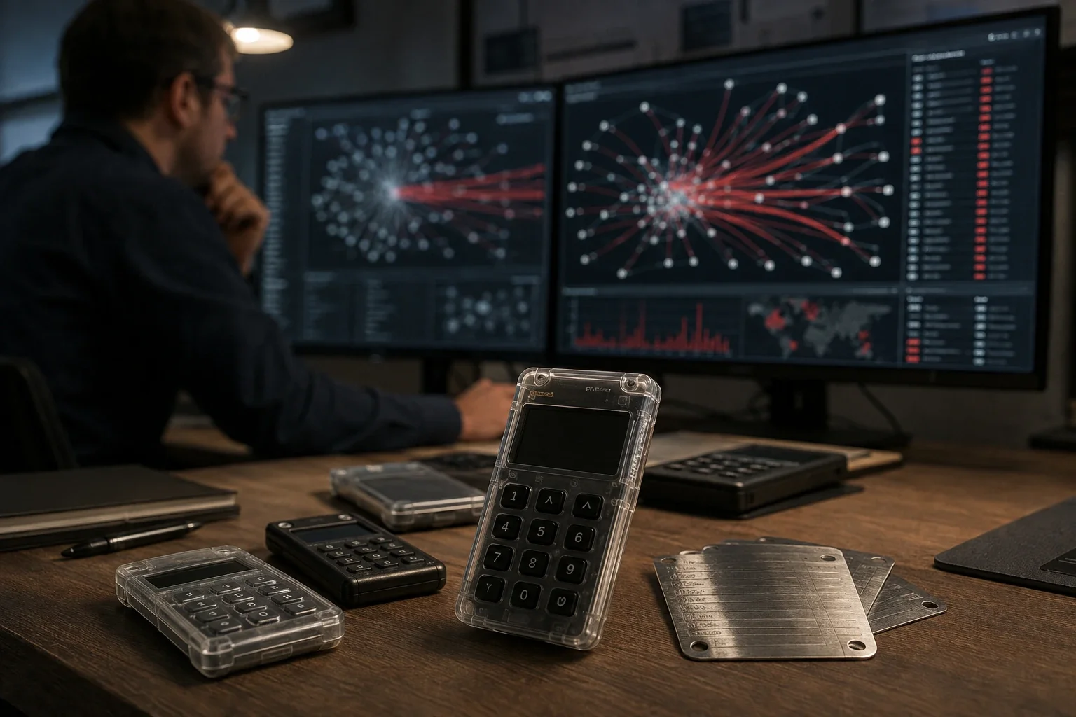 Hardware wallets similar to the Coldcard on an investigation table, with monitors displaying Bitcoin transaction flows in the background.
