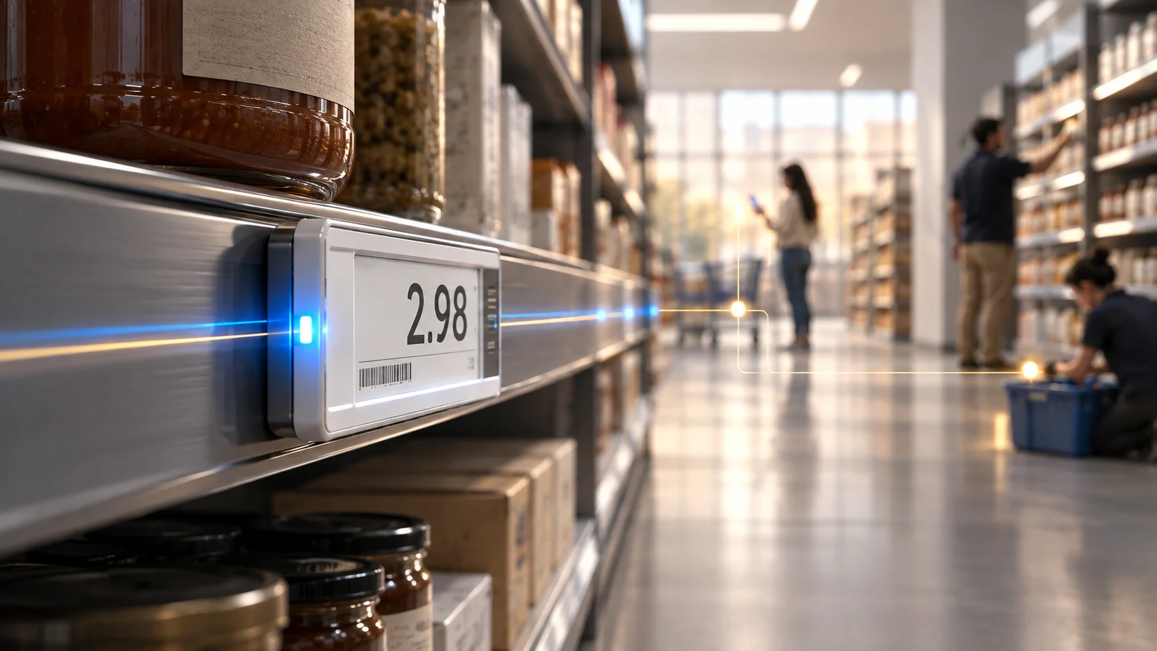 Digital label on a Walmart shelf connected to store operations.