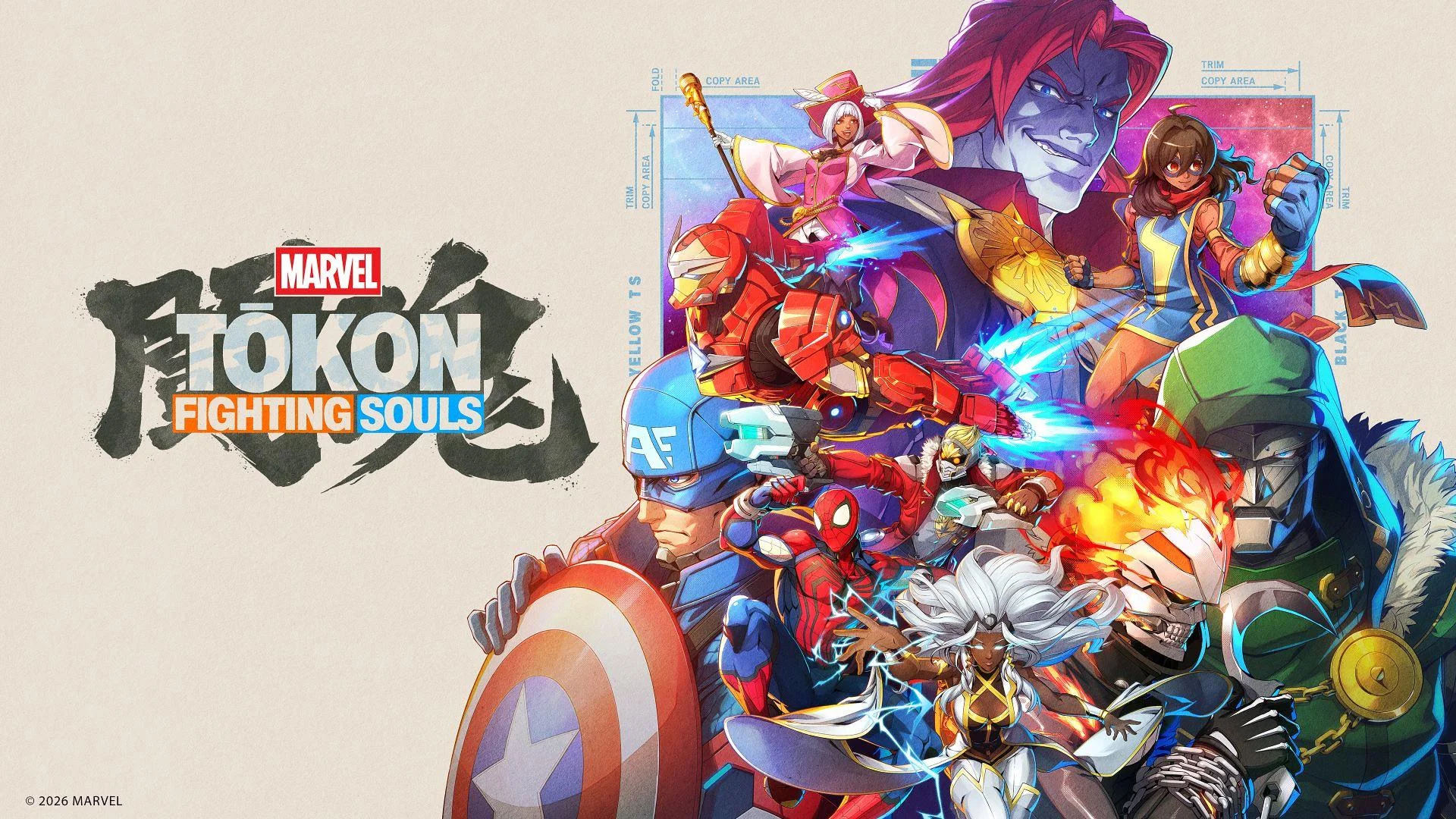 Ilustração promocional de Marvel Tōkon com Phoenix Cyclops, Thor, Venom e Jubilee.