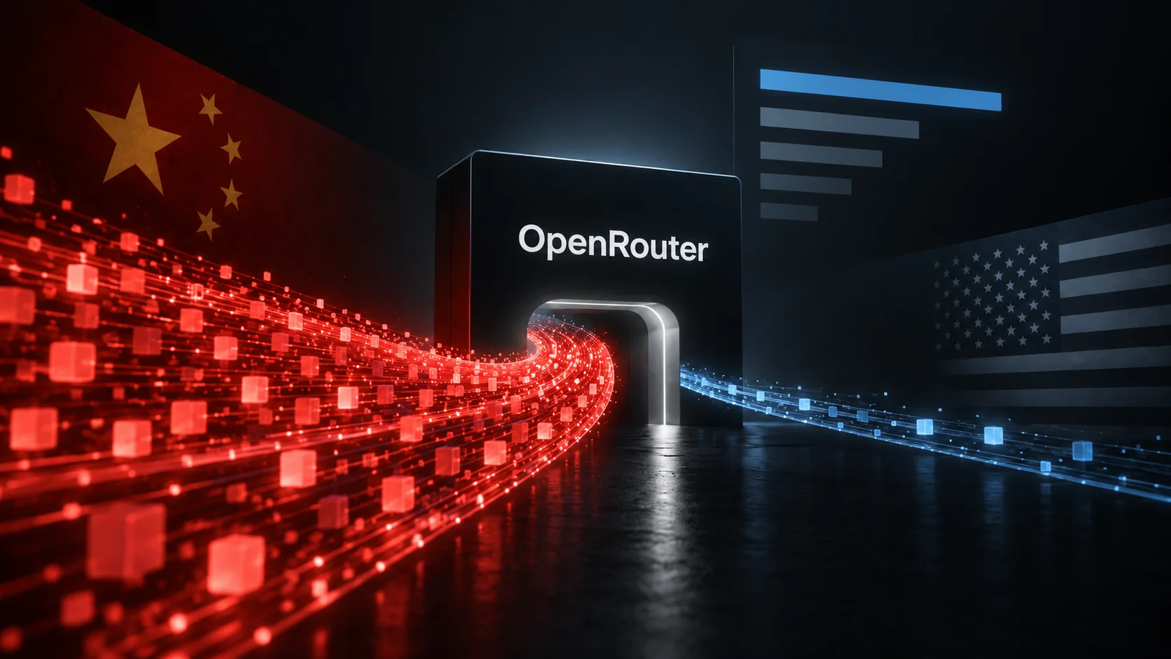 Data flows from China and the United States converge on OpenRouter, symbolizing the competition for AI model usage.