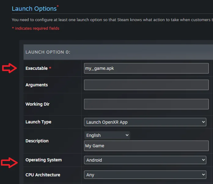Steamworks permite configurar um APK Android como aplicativo OpenXR para distribuição no Steam, integrando builds móveis ao fluxo usado pelo Lepton. Crédito: Valve/Steamworks