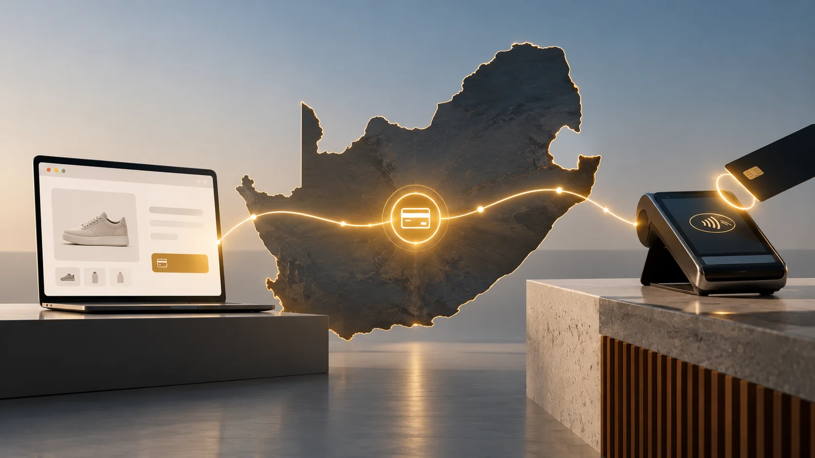 Ilustração conceitual mostra um checkout online ligado a um terminal de pagamento físico por uma conexão luminosa sobre o mapa da África do Sul.