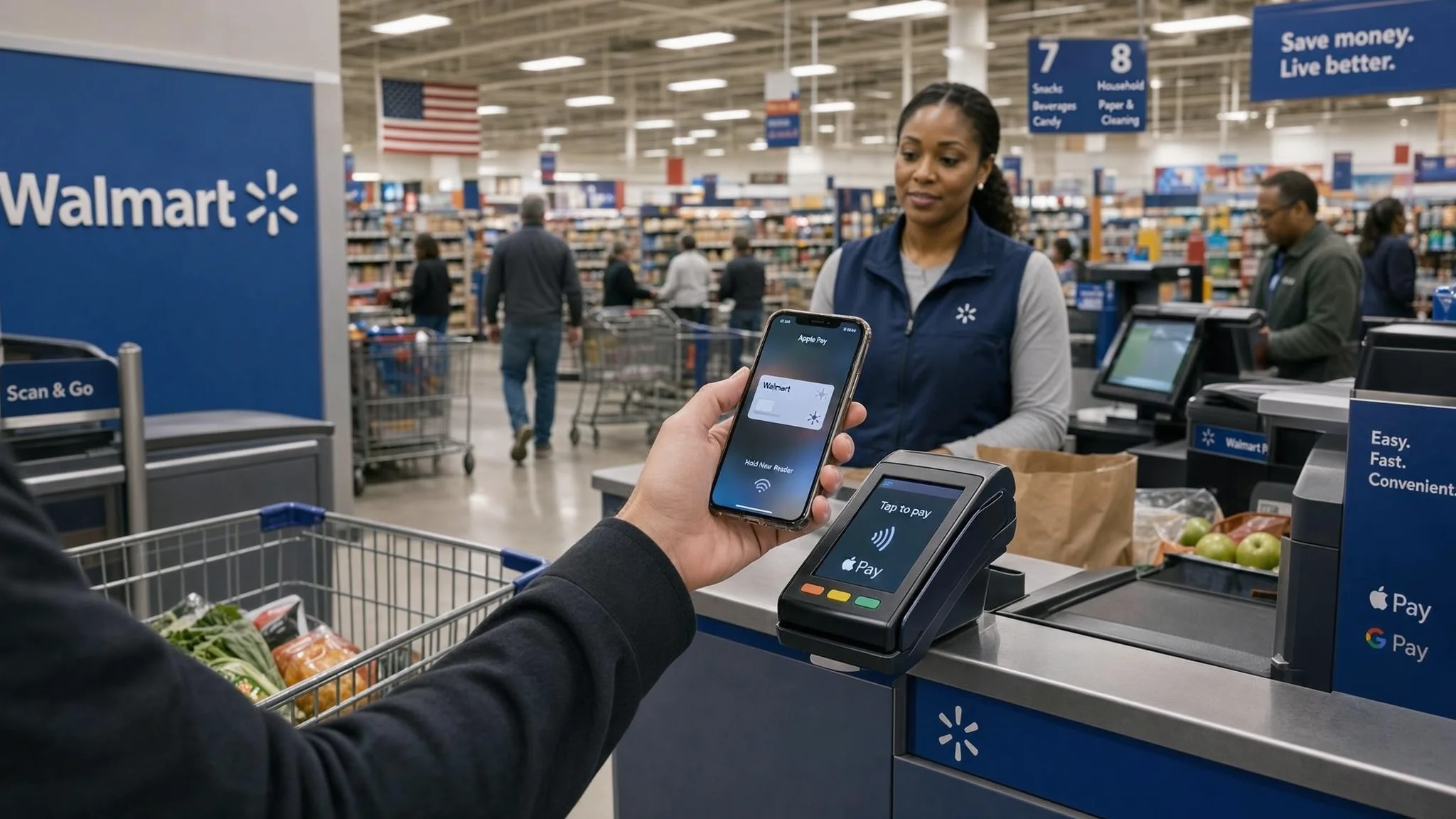 Customer holds an iPhone with Apple Pay near a payment terminal at a Walmart checkout in the United States.